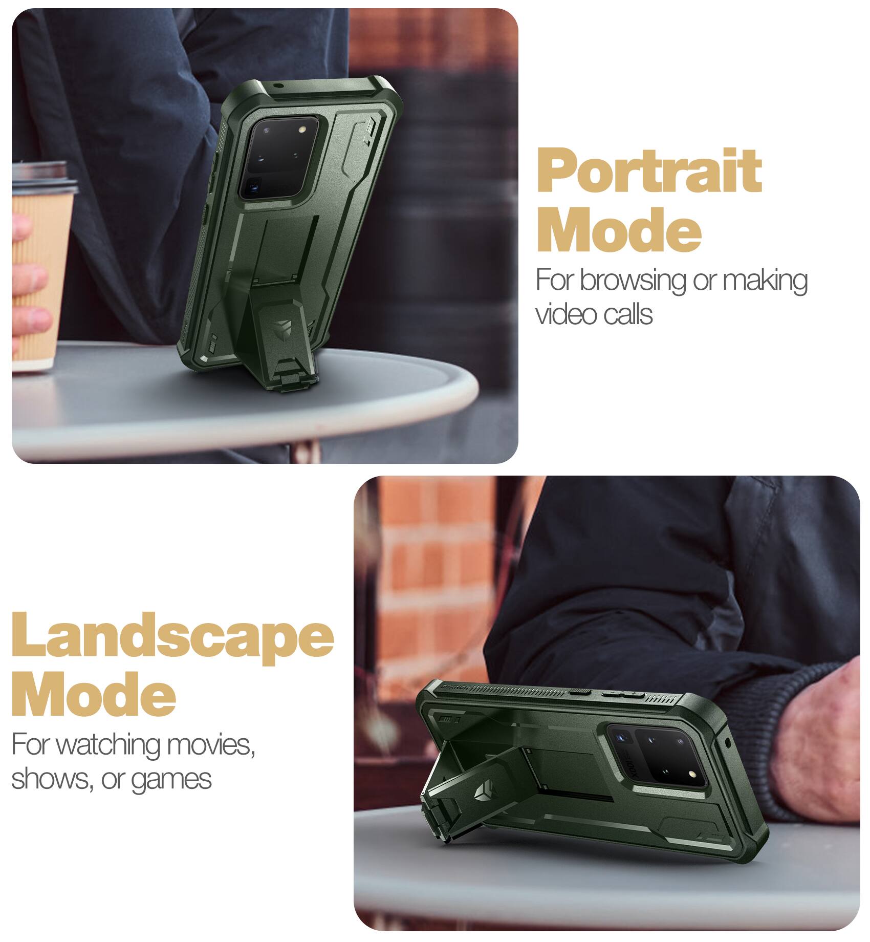 Portrait Mode  
For browsing or making video calls  

Landscape Mode  
For watching movies, shows, or games