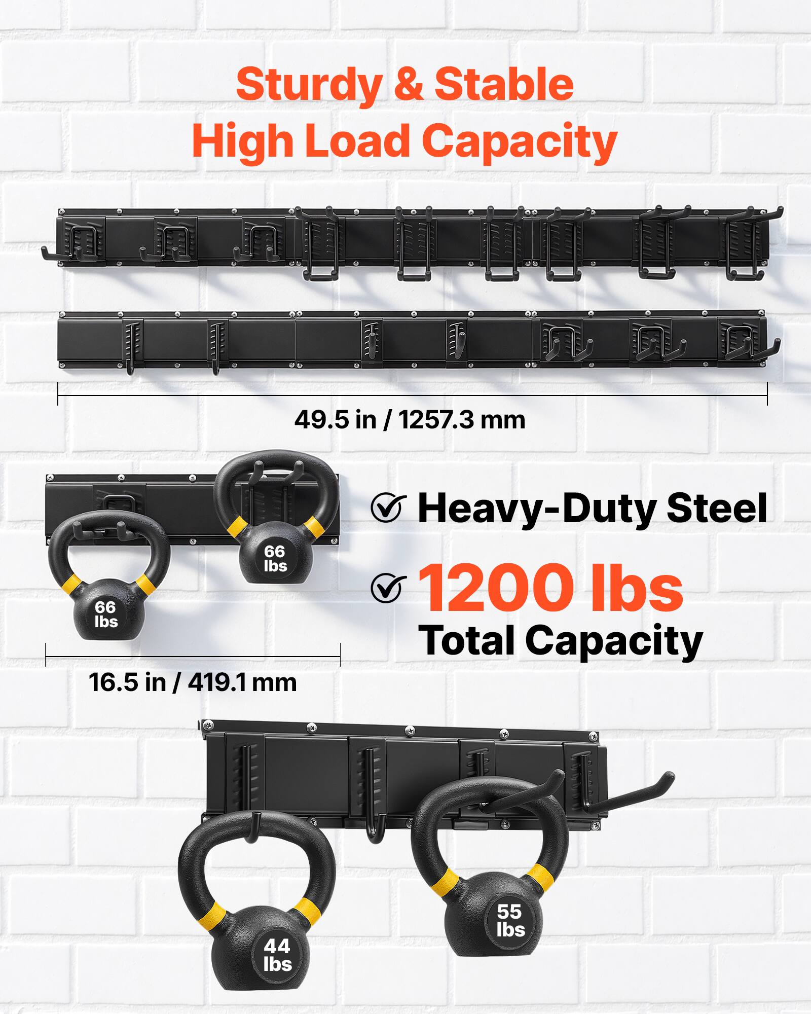 Sturdy & Stable High Load Capacity

49.5 in / 1257.3 mm

66 lbs

16.5 in / 419.1 mm

Heavy-Duty Steel

1200 lbs Total Capacity

44 lbs

55 lbs