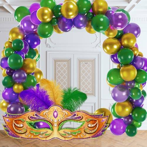 Front. Vulpecula Spade - 108 Pcs Mardi Gras Balloon Garland Kit 39" Large Mardi Gras Mask and Mardi Gras Balloons Masquerade Mask Stand up - Purple, Green, Gold.