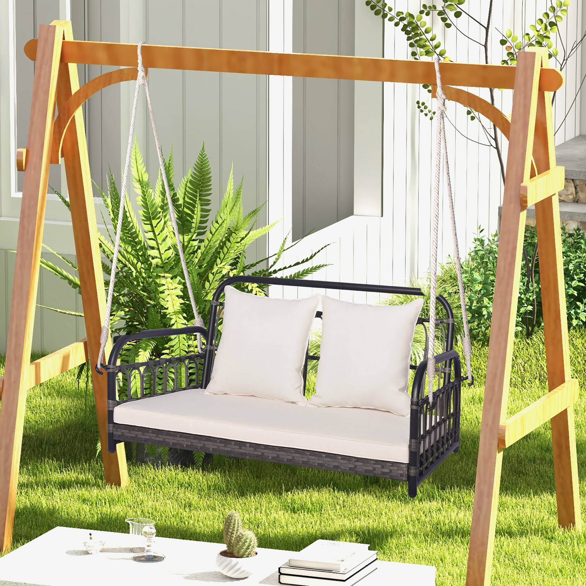 Alt View 1. Gymax - Gymax Outdoor Wicker Porch Swing 2-Person Hanging Seat w/ Seat & Back Cushions Backyard - Mix Gray, White.