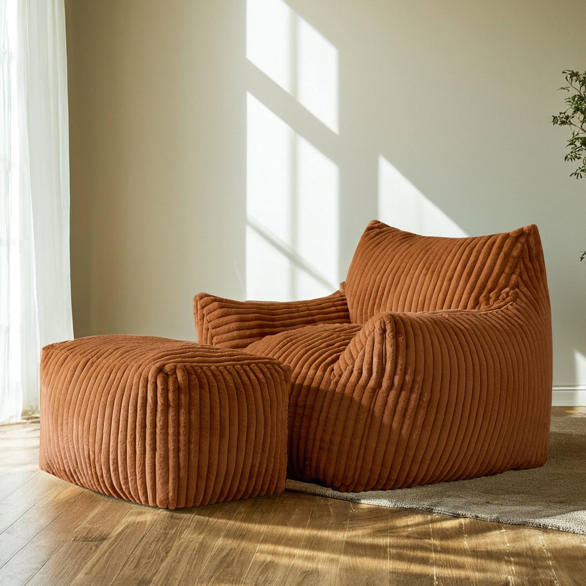 Front. GRANDJOY - Bean Bag Chair with Footstool, Memory Foam, Ergonomic Corduroy Design for Bedroom & Living Room - Orange.