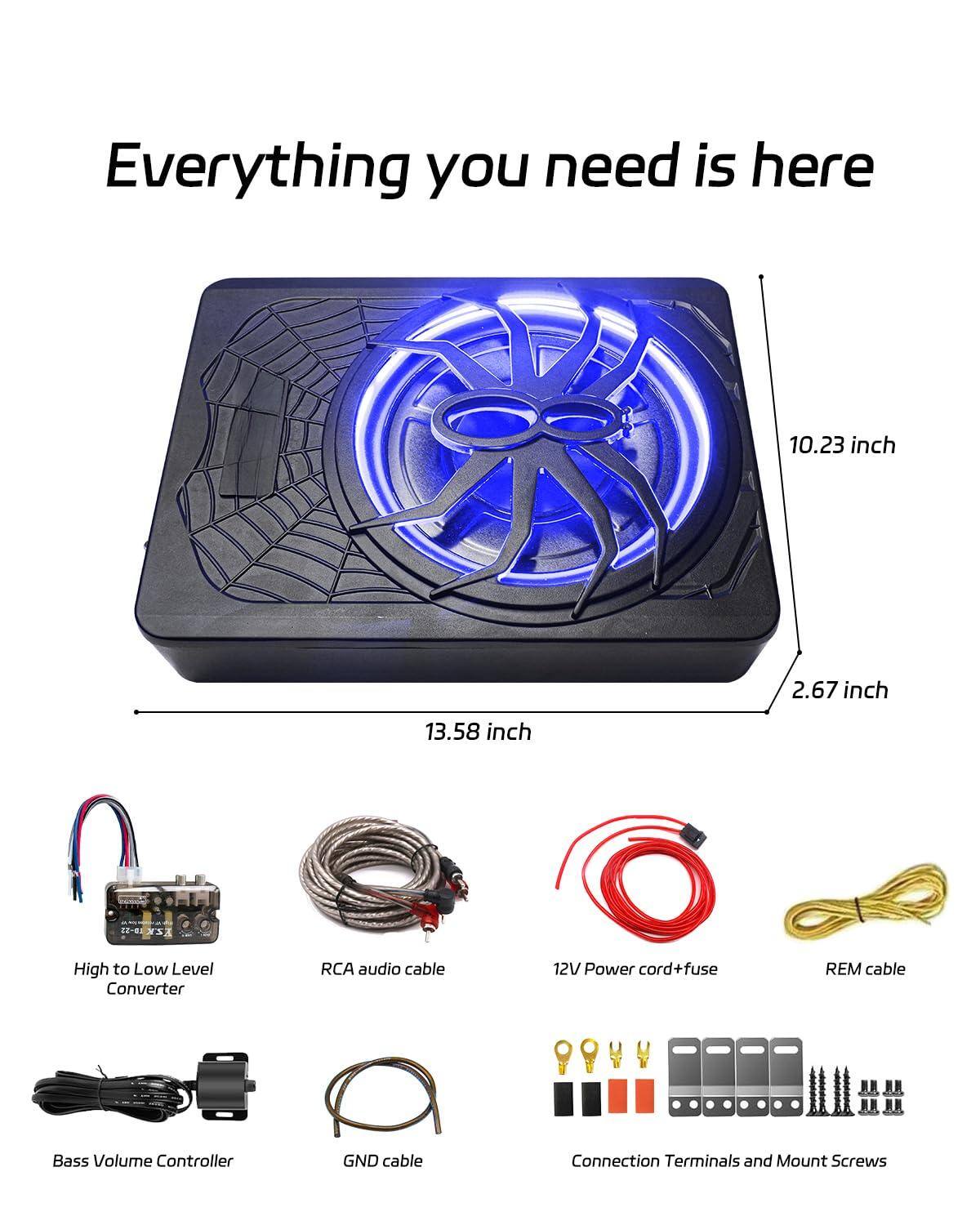Everything you need is here

- 10.23 inch
- 2.67 inch
- 13.58 inch

- T-35 High to Low Level Converter
- RCA audio cable
- 12V Power cord + fuse
- REM cable
- Bass Volume Controller
- GND cable
- Connection Terminals and Mount Screws