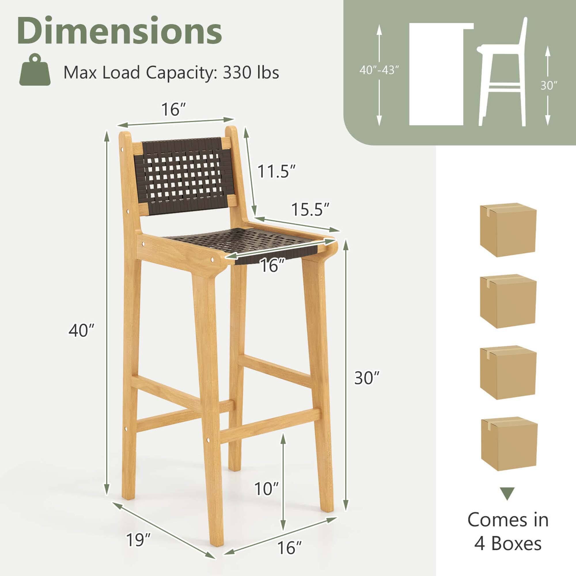 Dimensions: Max Load Capacity: 330 lbs. 16" 40"-43" 30" 11.5" 15.5" 16" 40" 30" 10" 19" 16" Comes in 4 Boxes.