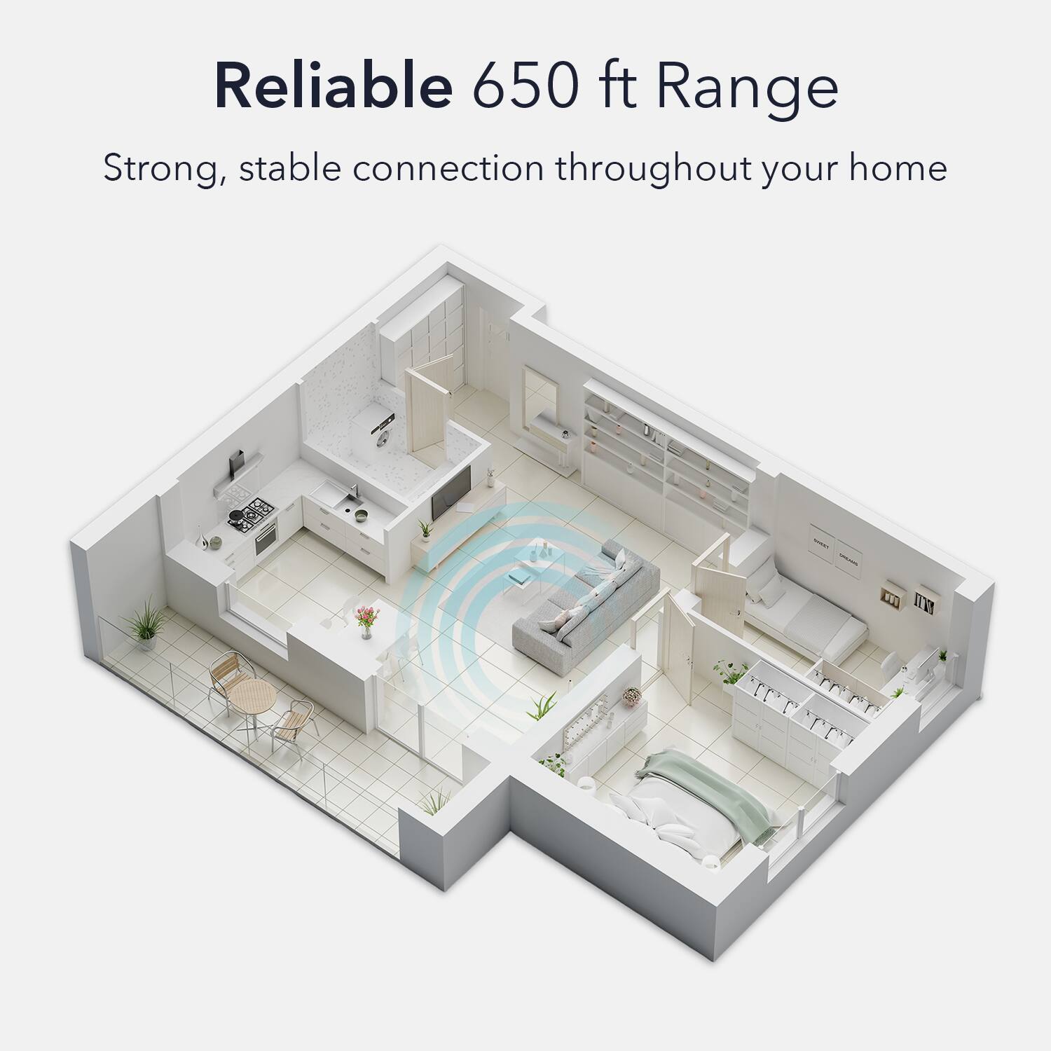 Reliable 650 ft Range  
Strong, stable connection throughout your home