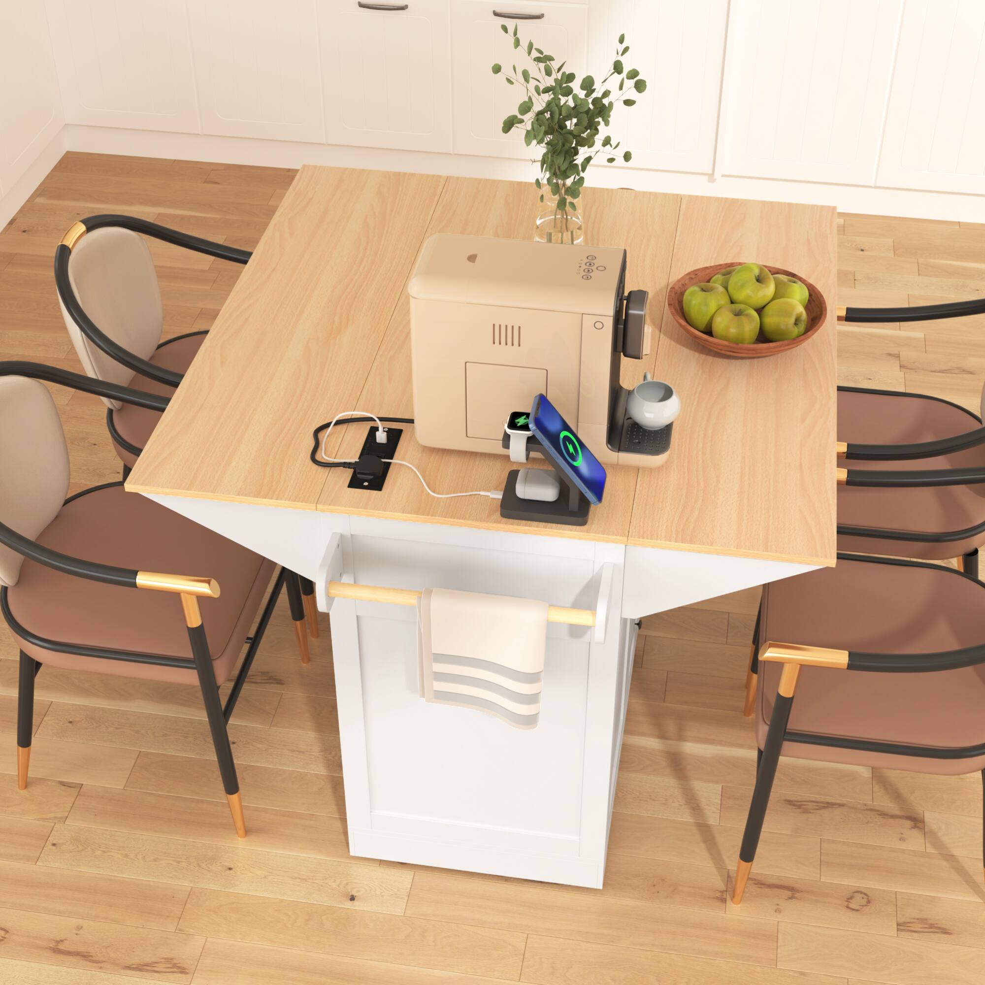 Alt View 4. ELEMENT ACE - Multifunctional Kitchen Island Cart with Drop Leaf Extensions, Power Outlets, and Ample Storage for Modern Kitchens - White.