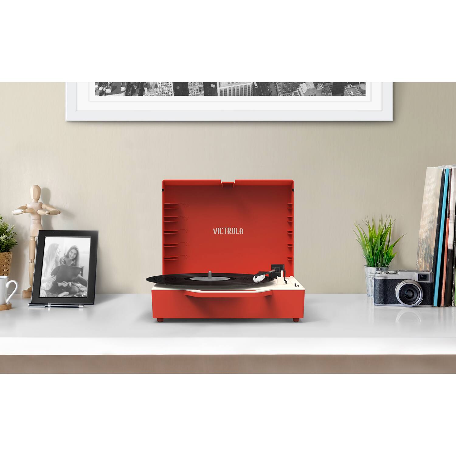 Alt View 27. Victrola - Re-Spin Sustainable Bluetooth Suitcase Record Player - Poinsettia Red.