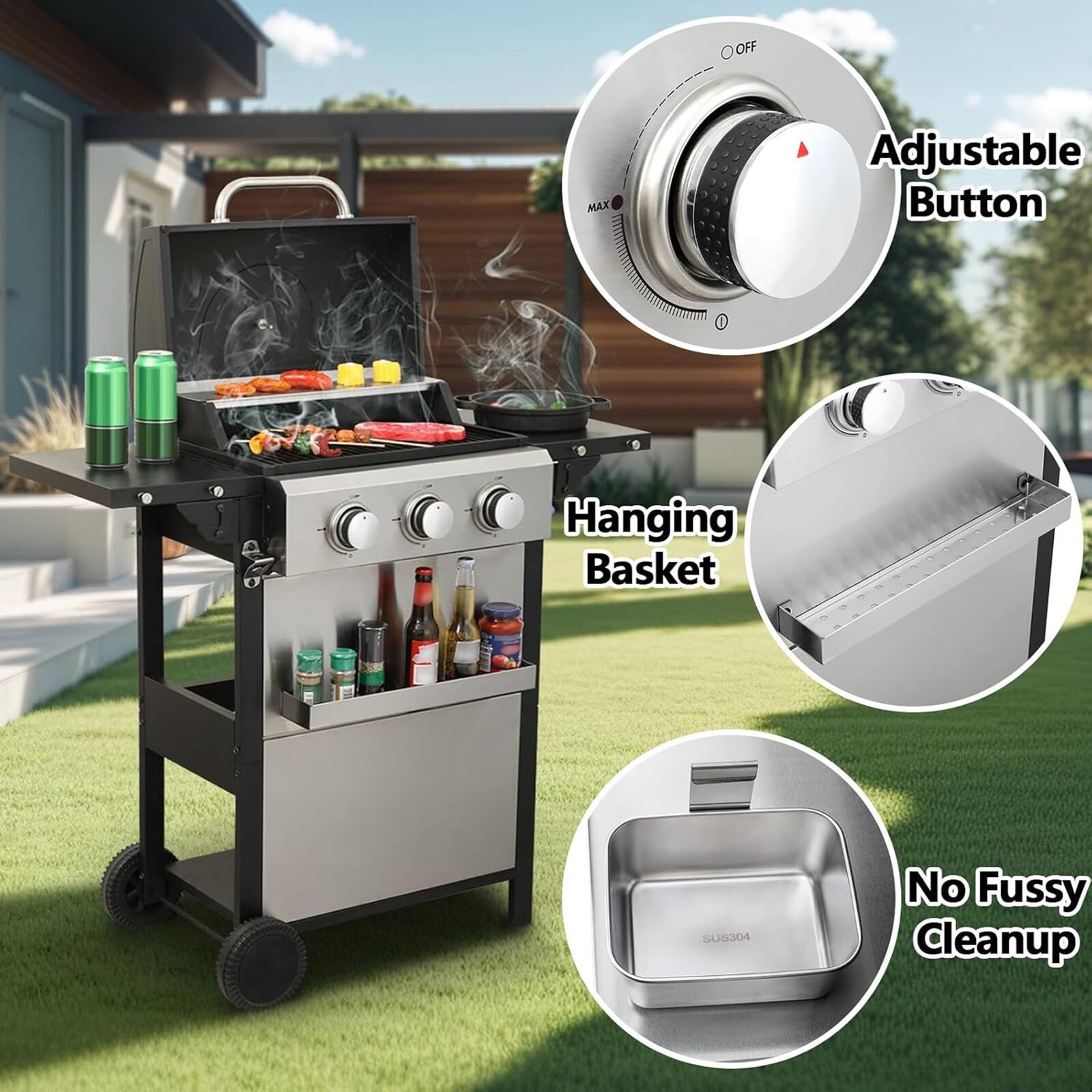 - Adjustable Button
- Hanging Basket
- No Fussy Cleanup