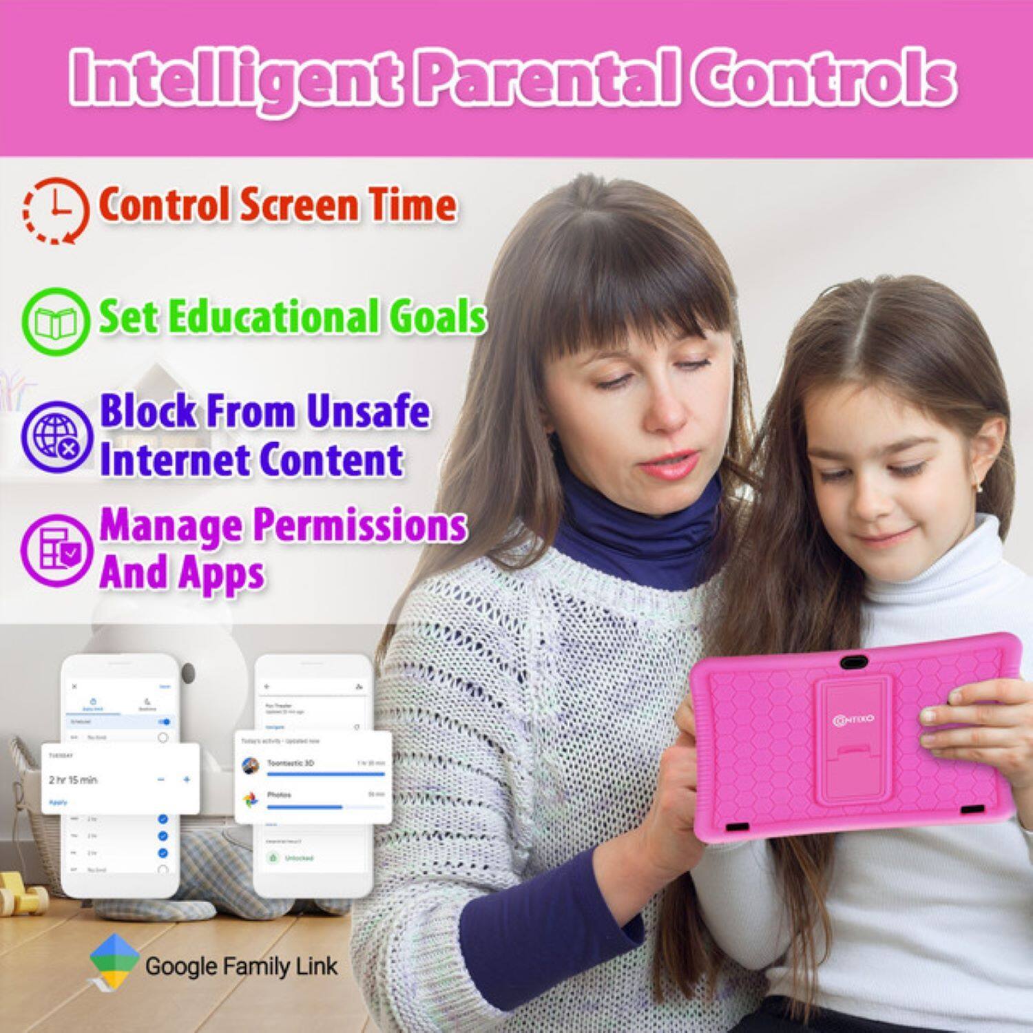 Intelligent Parental Controls

- Control Screen Time
- Set Educational Goals
- Block From Unsafe Internet Content
- Manage Permissions And Apps

Google Family Link