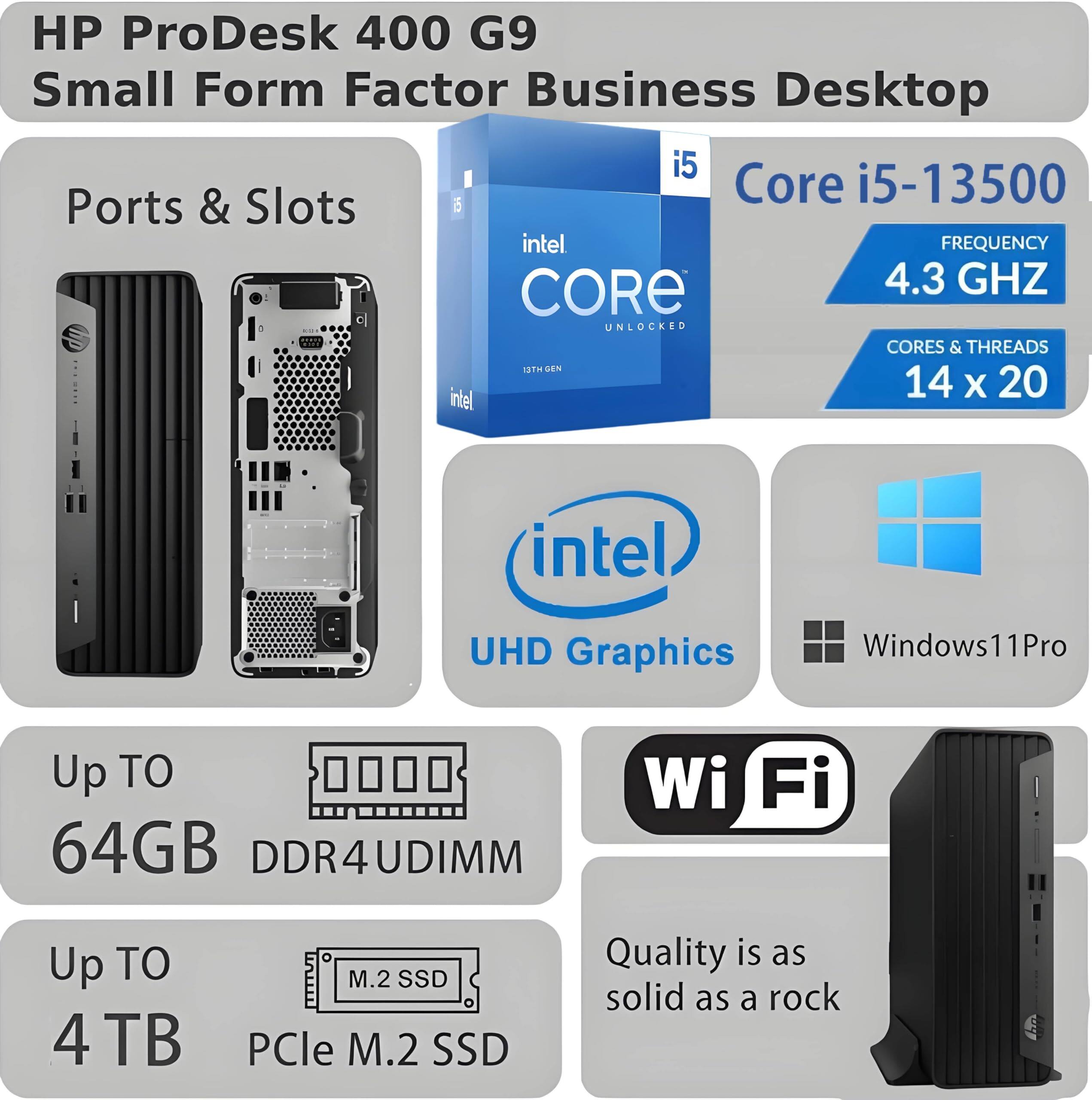 HP ProDesk 400 G9 Small Form Factor Business Desktop

- i5 Core i5-13500
- Frequency: 4.3 GHz
- Cores & Threads: 14 x 20
- Intel UHD Graphics
- Windows 11 Pro
- Up to 64GB DDR4 UDIMM
- Up to 4 TB PCIe M.2 SSD
- Wi-Fi
- Ports & Slots
- Quality is as solid as a rock