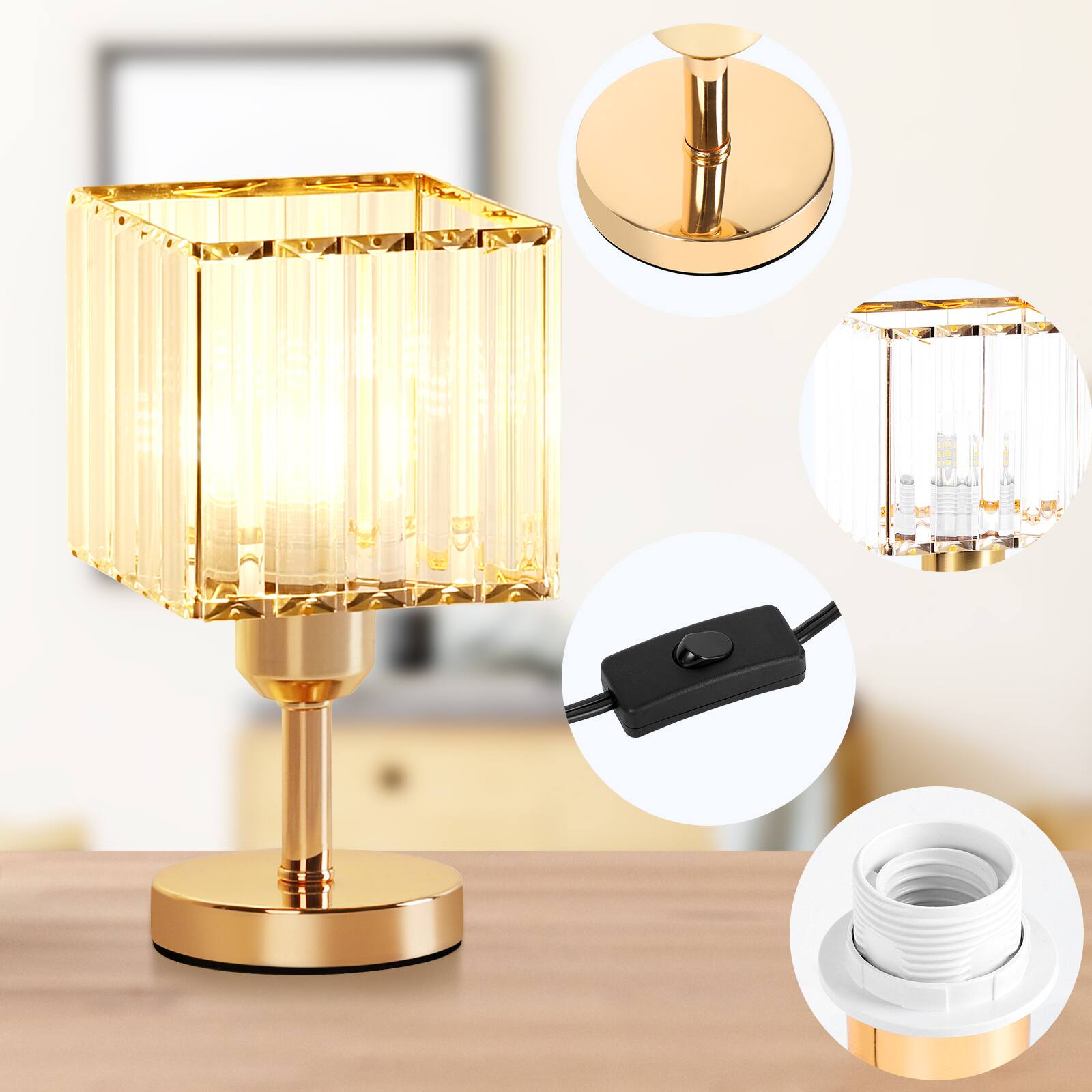 Left. Oumilen - Set of 2 Rose Gold Crystal Table Lamps, 9in Tall, E26 Socket, Modern Bedside/Desk Lamps (Bulbs Not Included).