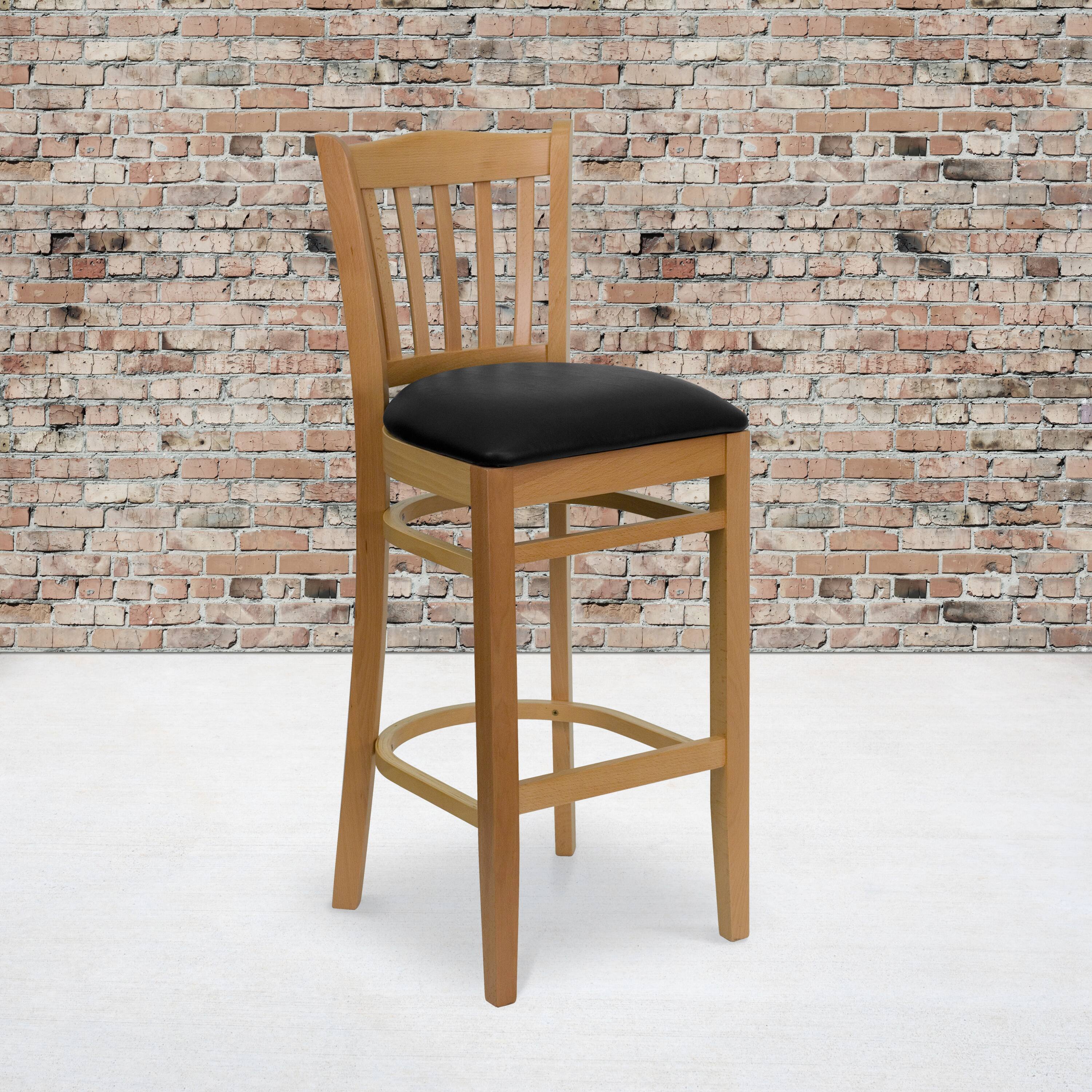 Angle. Flash Furniture - HERCULES Series Vertical Slat Back Natural Wood Restaurant Barstool - Black Vinyl Seat - Black.
