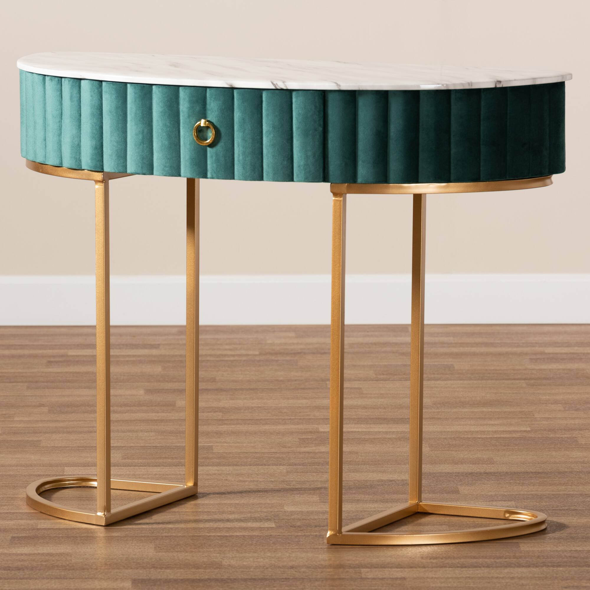 Alt View 5. Baxton Studio - Beale Luxe and Glam Velvet Upholsteand Brushed Finished 1-Drawer Console Table with Faux Marble Tabletop - Green/Gold.