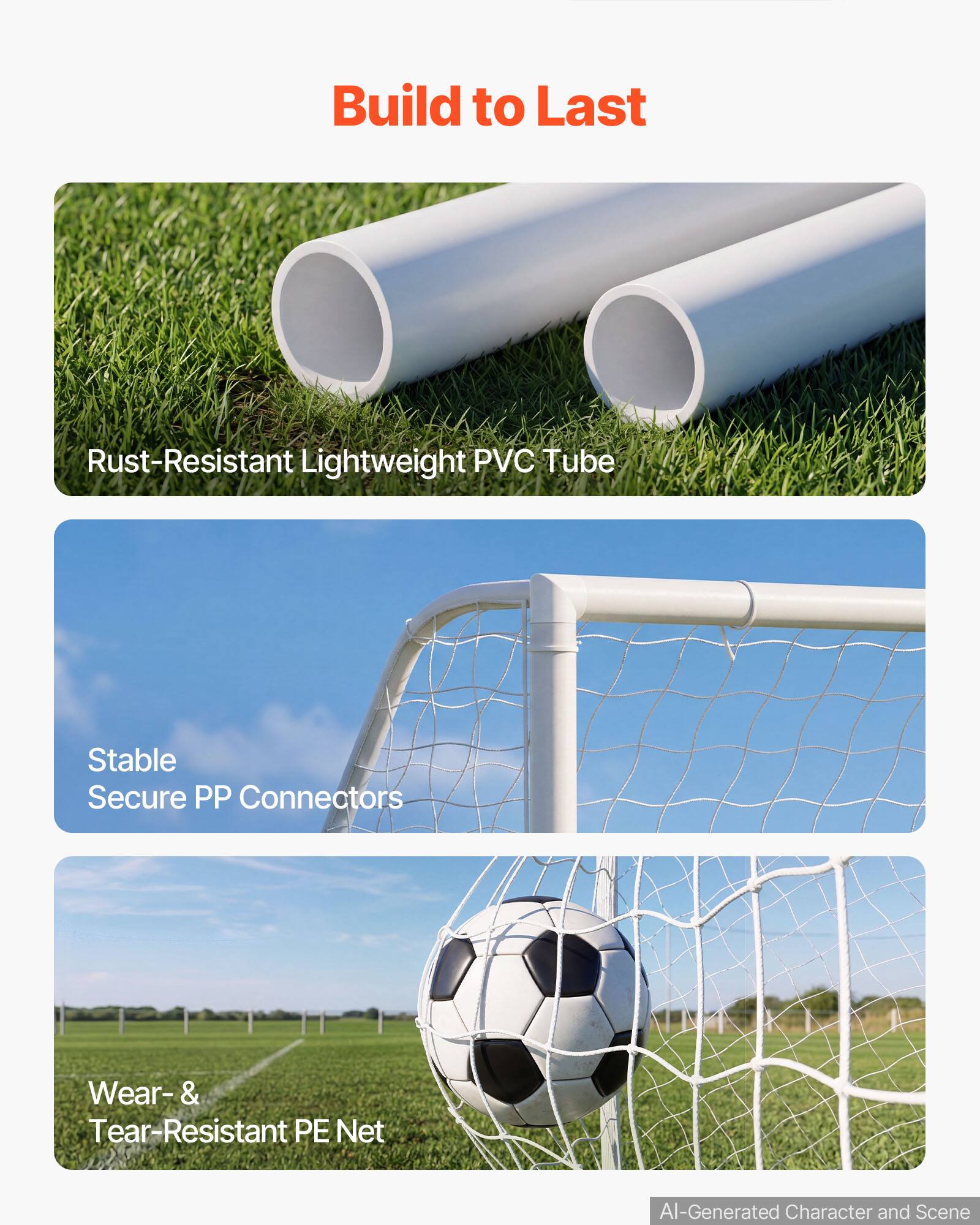 Build to Last

- Rust-Resistant Lightweight PVC Tube
- Stable Secure PP Connectors
- Wear- & Tear-Resistant PE Net

AI-Generated Character and Scene