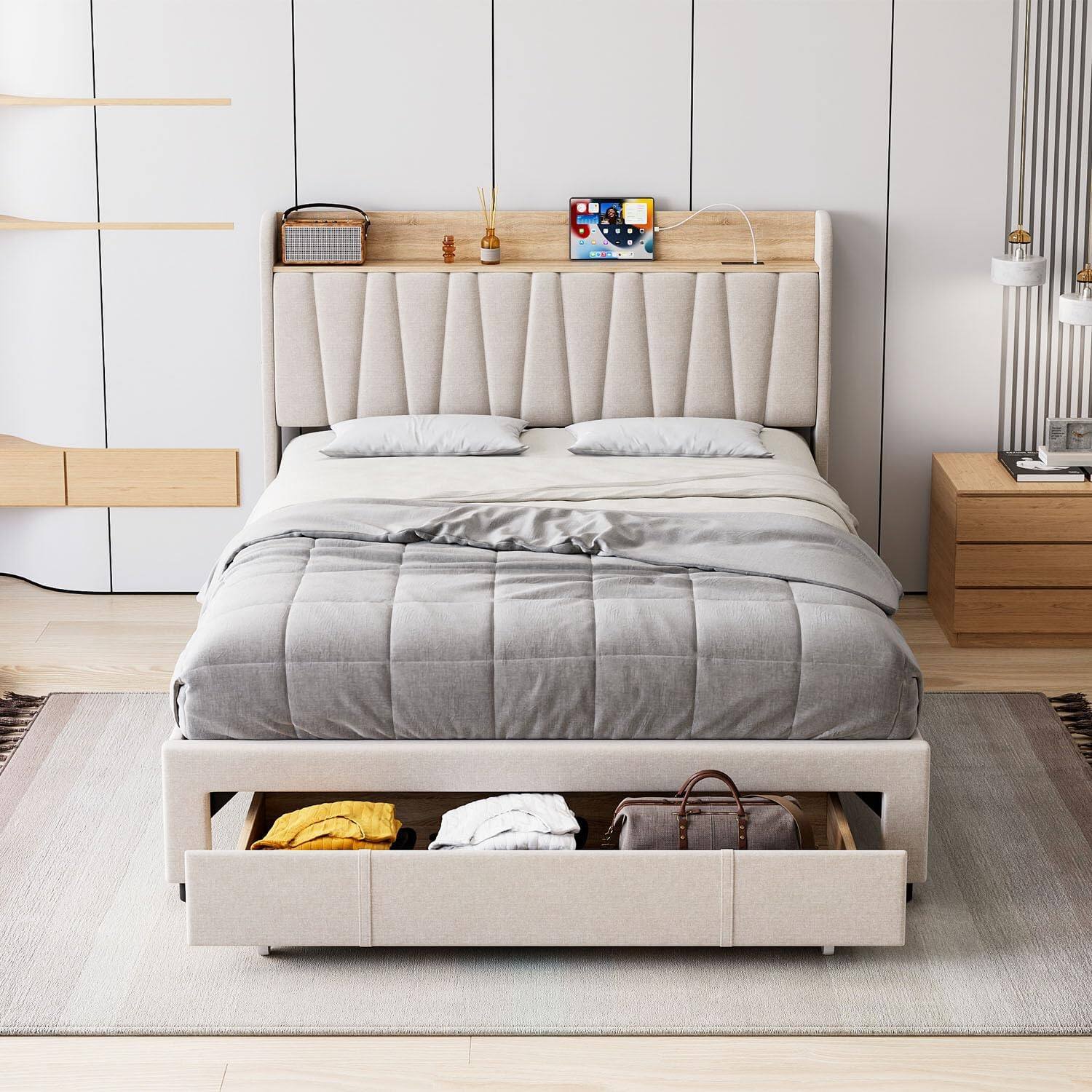 Left. GARVEE - Upholstered Bed Frame with Drawer and Storage Headboard, Wooden Slats Support, Modern Platform Base - Beige.
