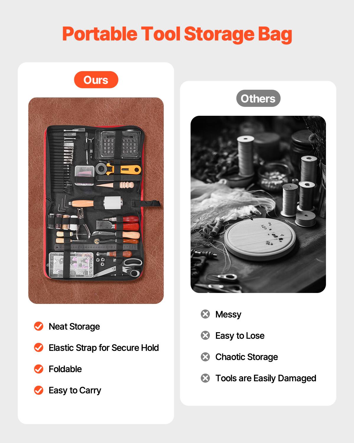 Portable Tool Storage Bag

**Ours**
- Neat Storage
- Elastic Strap for Secure Hold
- Foldable
- Easy to Carry

**Others**
- Messy
- Easy to Lose
- Chaotic Storage
- Tools are Easily Damaged