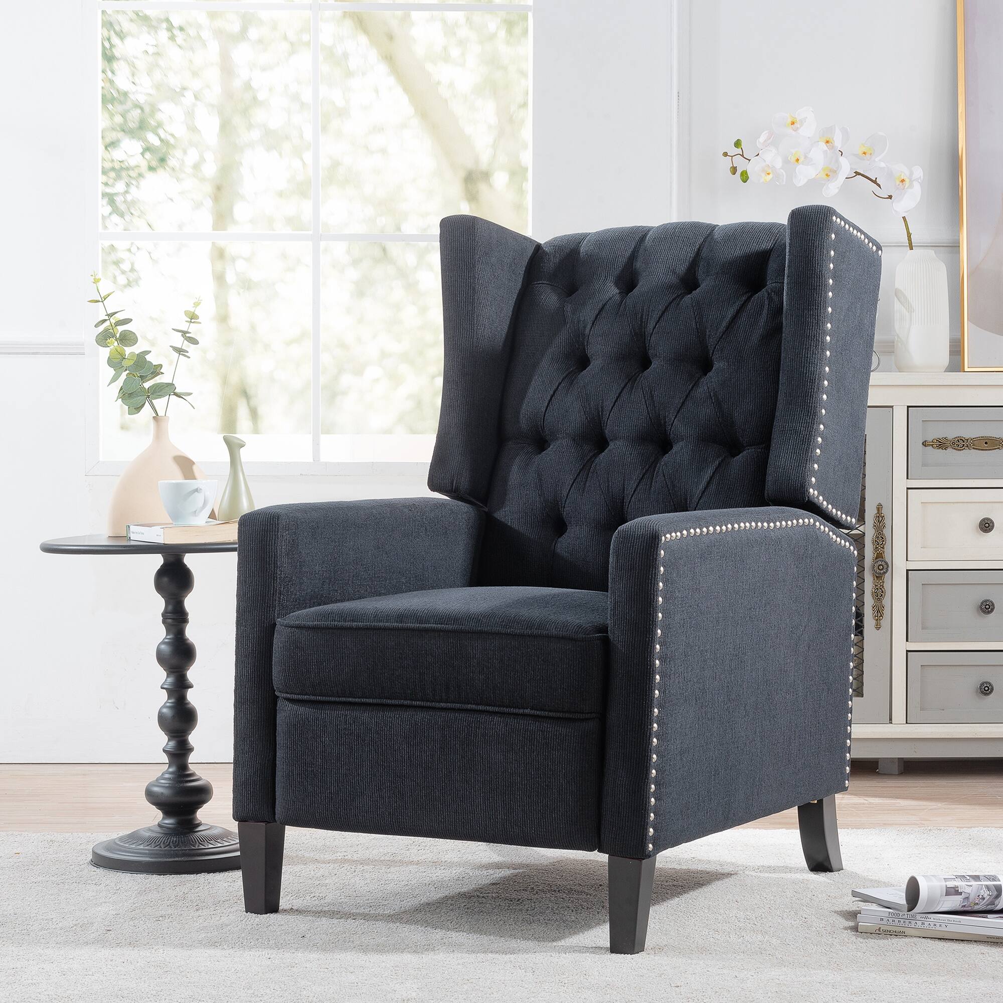 Left. Boyel Living - Fabric Upholstered Tufted Manual Recliner Chair - Gray and Brown.