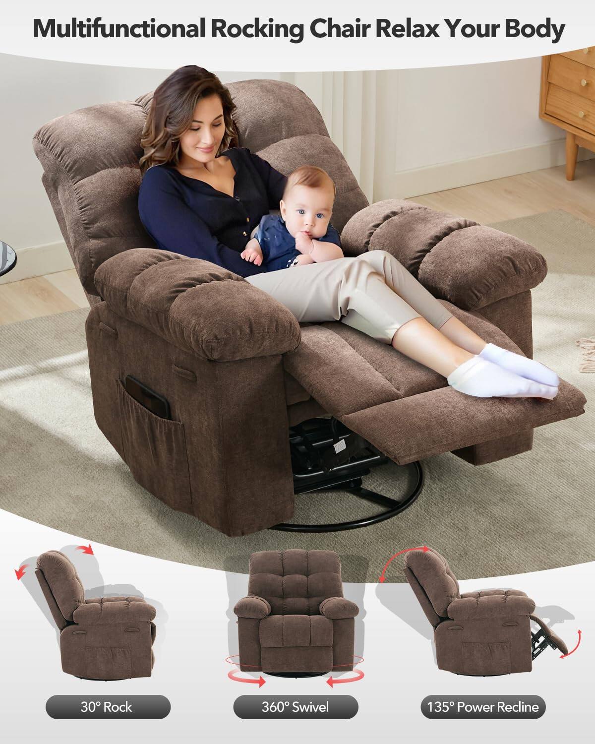 Multifunctional Rocking Chair Relax Your Body

30° Rock

360° Swivel

135° Power Recline