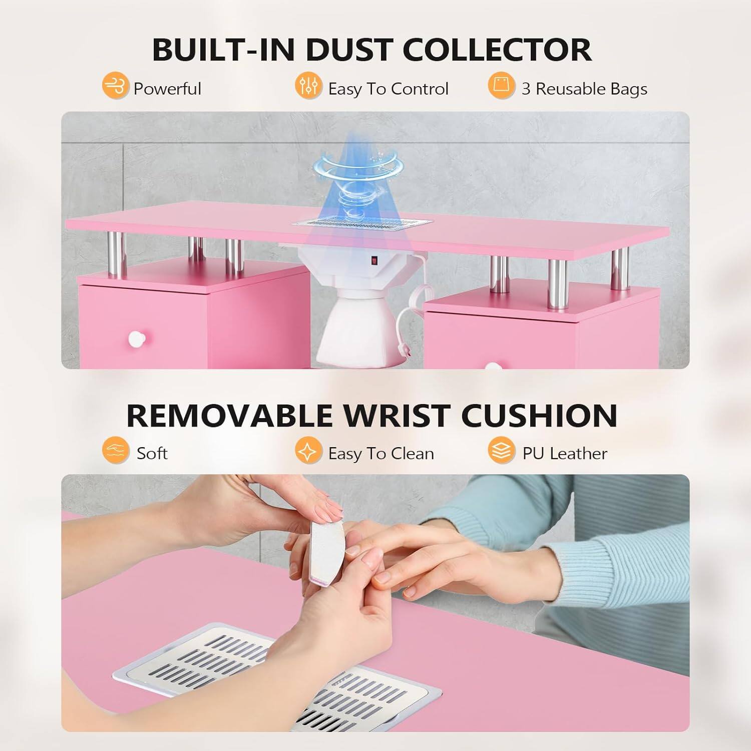 BUILT-IN DUST COLLECTOR  
- Powerful  
- Easy To Control  
- 3 Reusable Bags  

REMOVABLE WRIST CUSHION  
- Soft  
- Easy To Clean  
- PU Leather