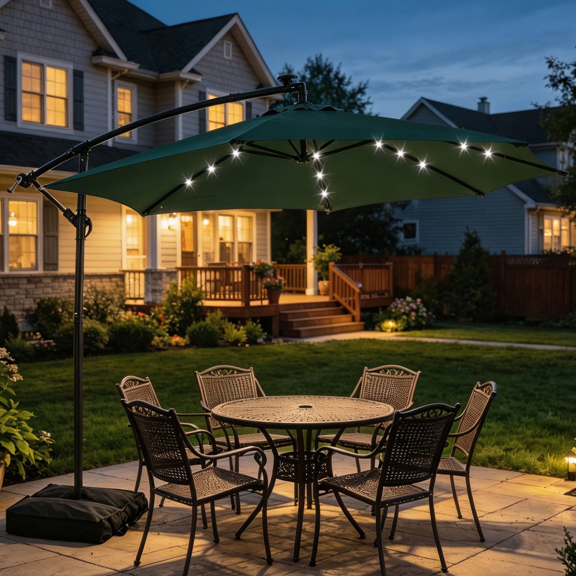 Angle. Ainfox - Ainfox 10FT Outdoor Patio Cantilever Umbrella Hanging Offset with Cross Base  Sand Bags & 24 LED Solar Lights - Green.
