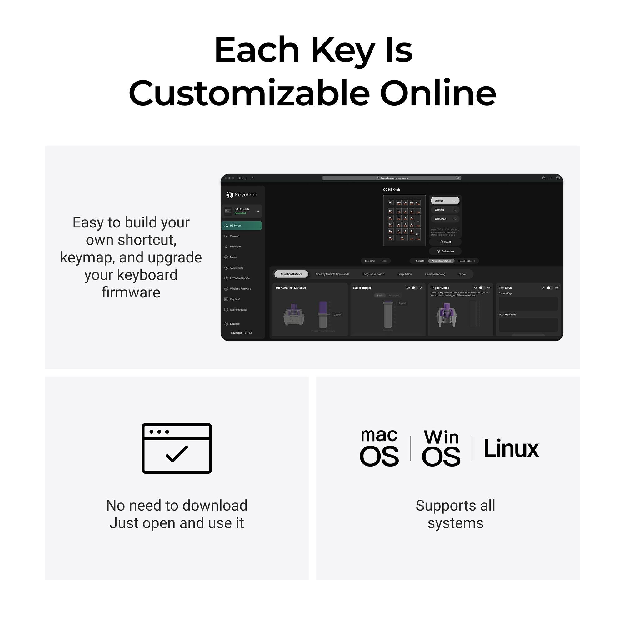Each Key Is Customizable Online

Easy to build your own shortcut, keymap, and upgrade your keyboard firmware

No need to download
Just open and use it

mac OS | Win OS | Linux
Supports all systems