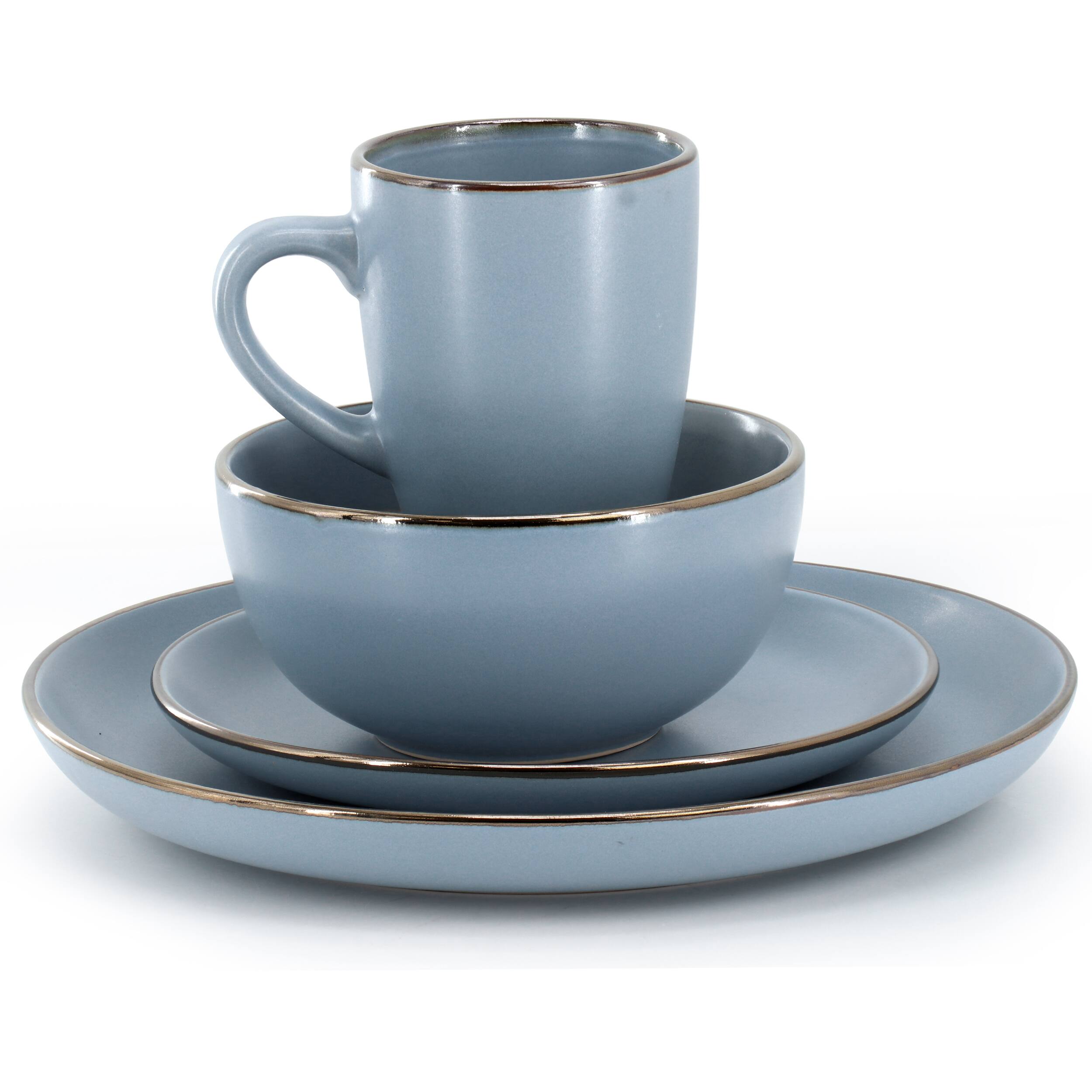 Alt View 1. Gibson - Gibson Home Rockaway 16 Piece Stoneware Metallic Rim Dinnerware Set in Matte Blue - Matte Blue.