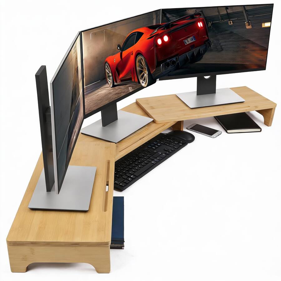 Dual Monitor Bamboo Monitor Riser CovertSafe Bamboo Monitor Stand Riser 3 Shelf Adjustable Length Angle ...