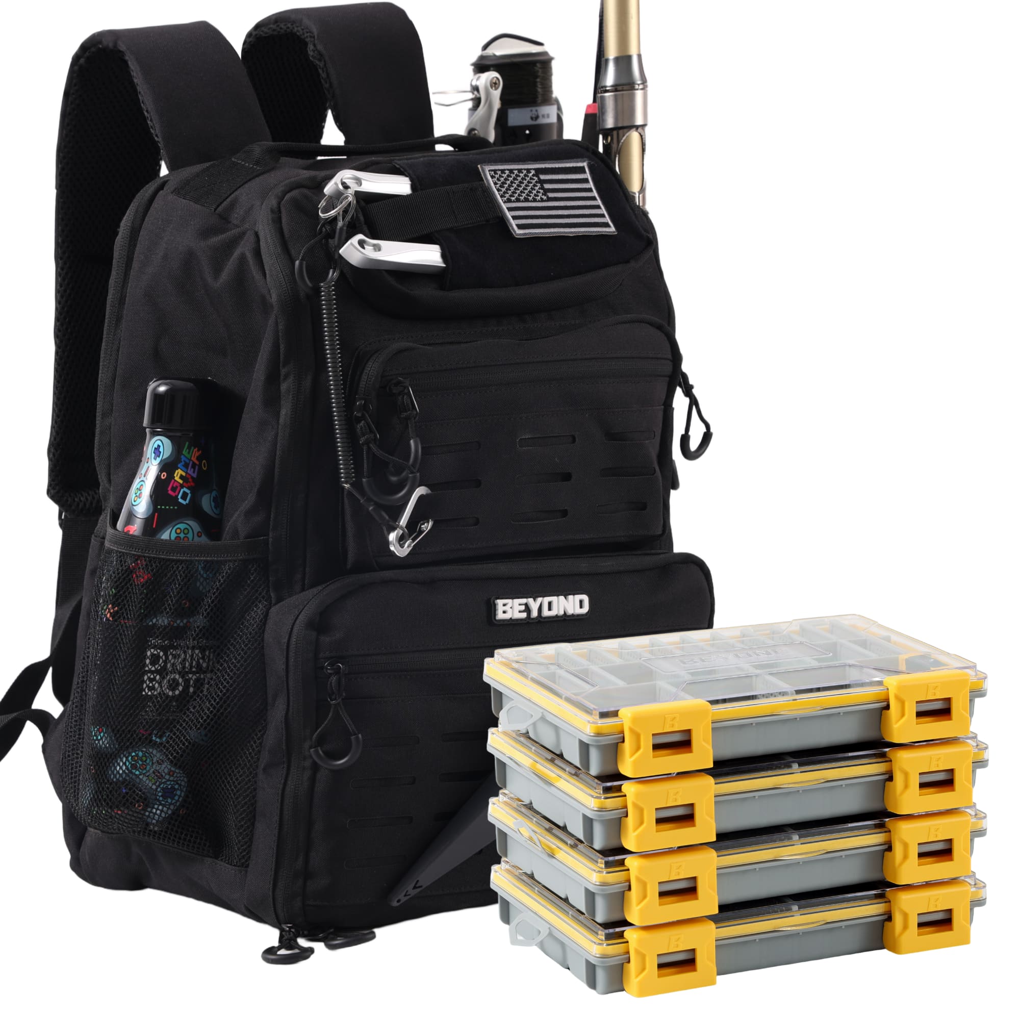 Beyond Braid - Beyond Fishing Tackle Backpack, 40L Water-Resistant Canvas, Includes 4 3600 Boxes - Black