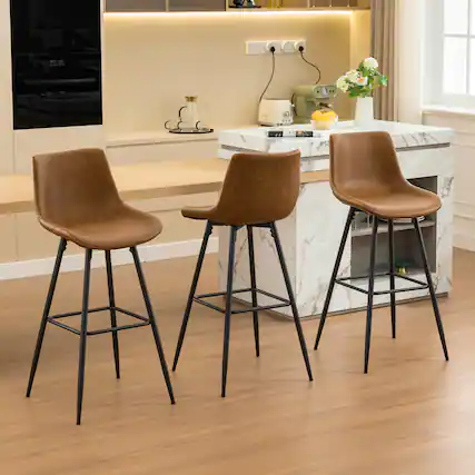 Front. KERDOM - 24/28'' H Bar Stools Set of 3, Waterproof PU Leather Armless Kitchen Island High Chair Counter Stool, Rubber Foot Pad - Brown - 28‘’ Height.