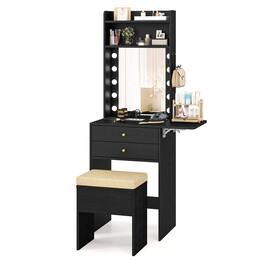 WELLFOR - Compact Makeup Vanity Desk Set with 3‑Color Lighted Hollywood Mirror, Charging Station,Storage Drawers & Stool - Black