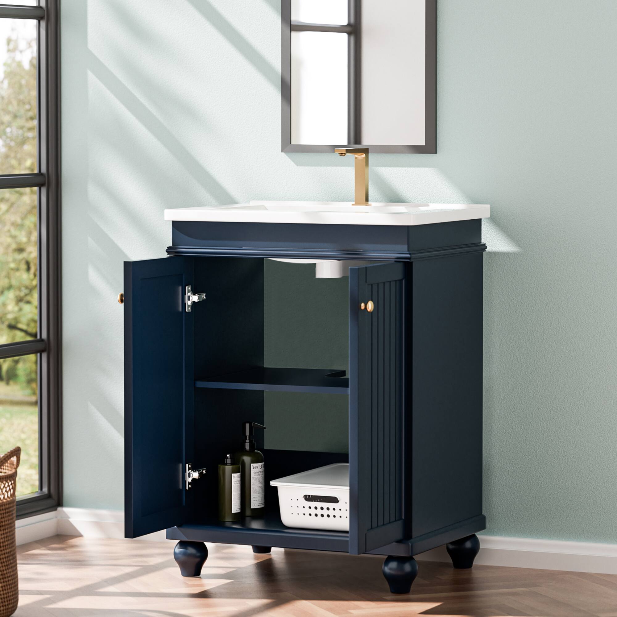 Left. KERDOM - 24 inch Wide Bathroom Vanity with Ceramic Top Sink Bathroom Organizer Floor Wash Cabinet Roomy Washstand Soft Close Door - Blue.