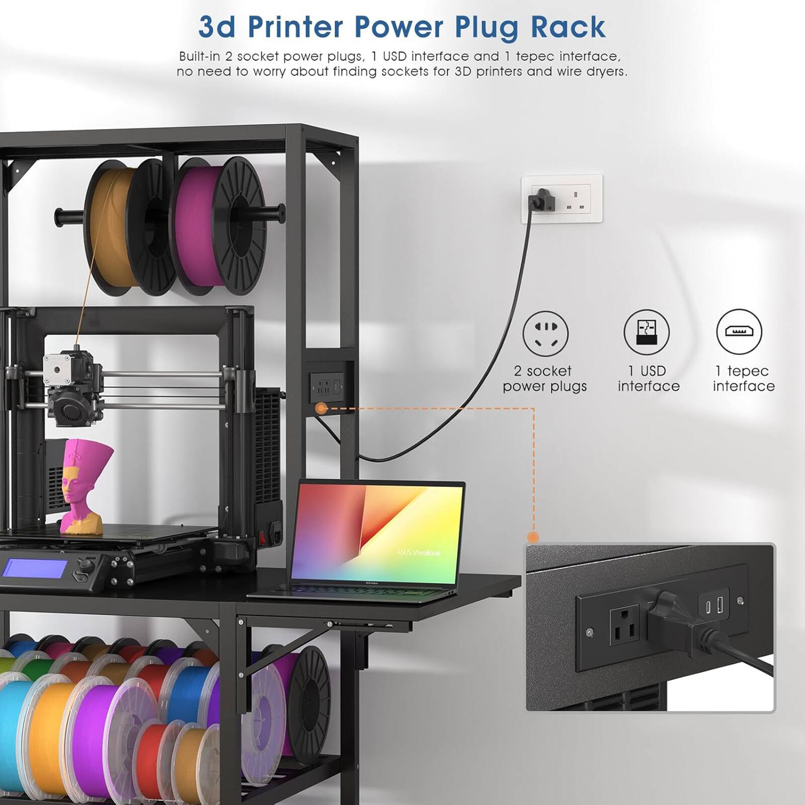 3d Printer Power Plug Rack

Built-in 2 socket power plugs, 1 USB interface and 1 tepec interface, no need to worry about finding sockets for 3D printers and wire dryers.

- 2 socket power plugs
- 1 USB interface
- 1 tepec interface