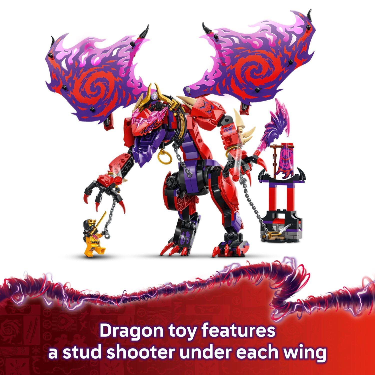 The image features a dragon toy with a stud shooter under each wing.