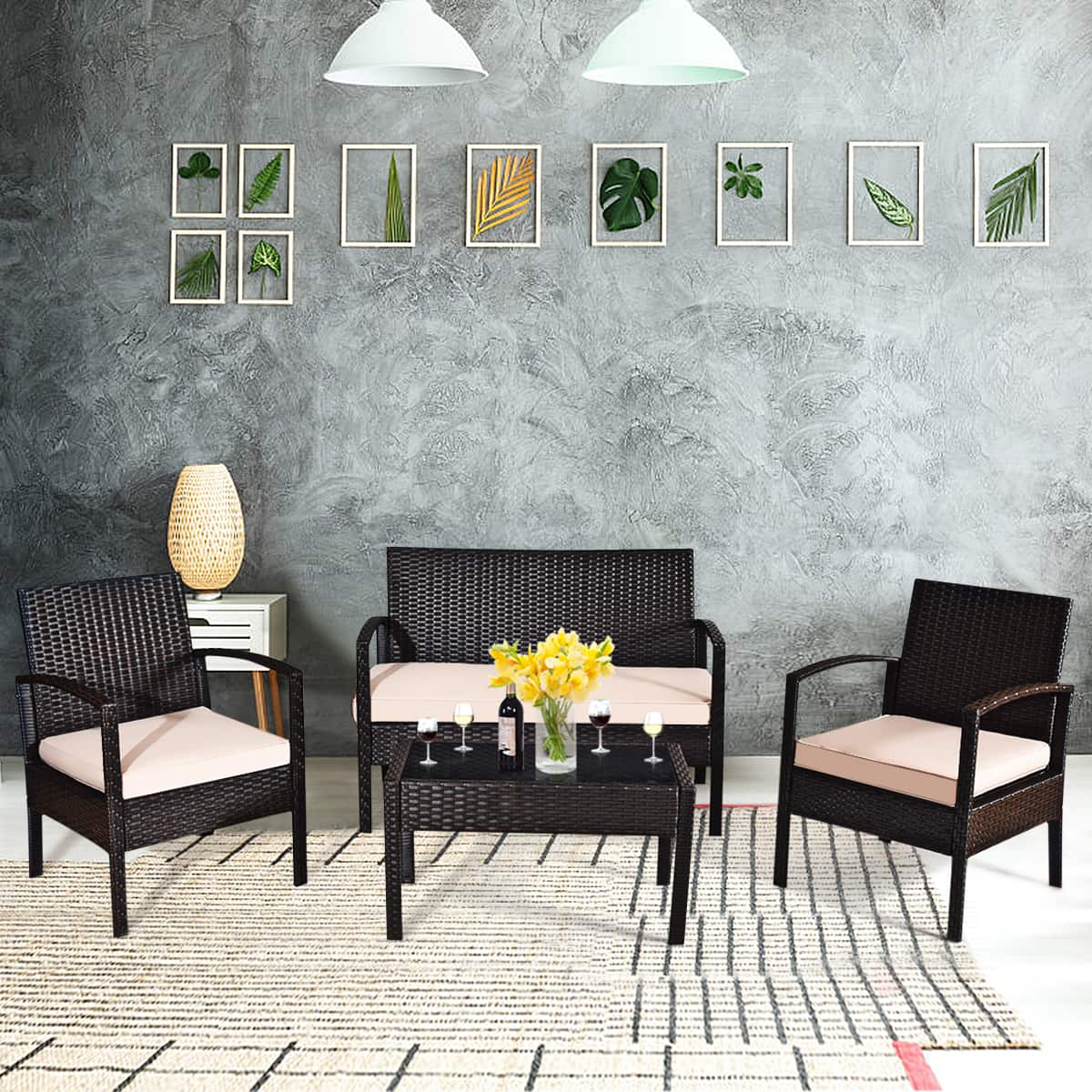 Front. Costway - Costway 4PCS Patio Rattan Conversation Furniture Set Cushioned Seat Glass Table - as pic.