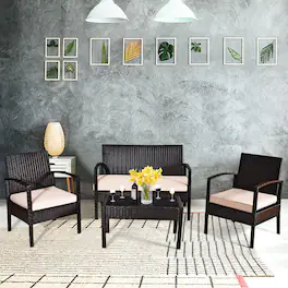 Costway - 4PCS Patio Rattan Conversation Furniture Set Cushioned Seat Glass Table - as pic