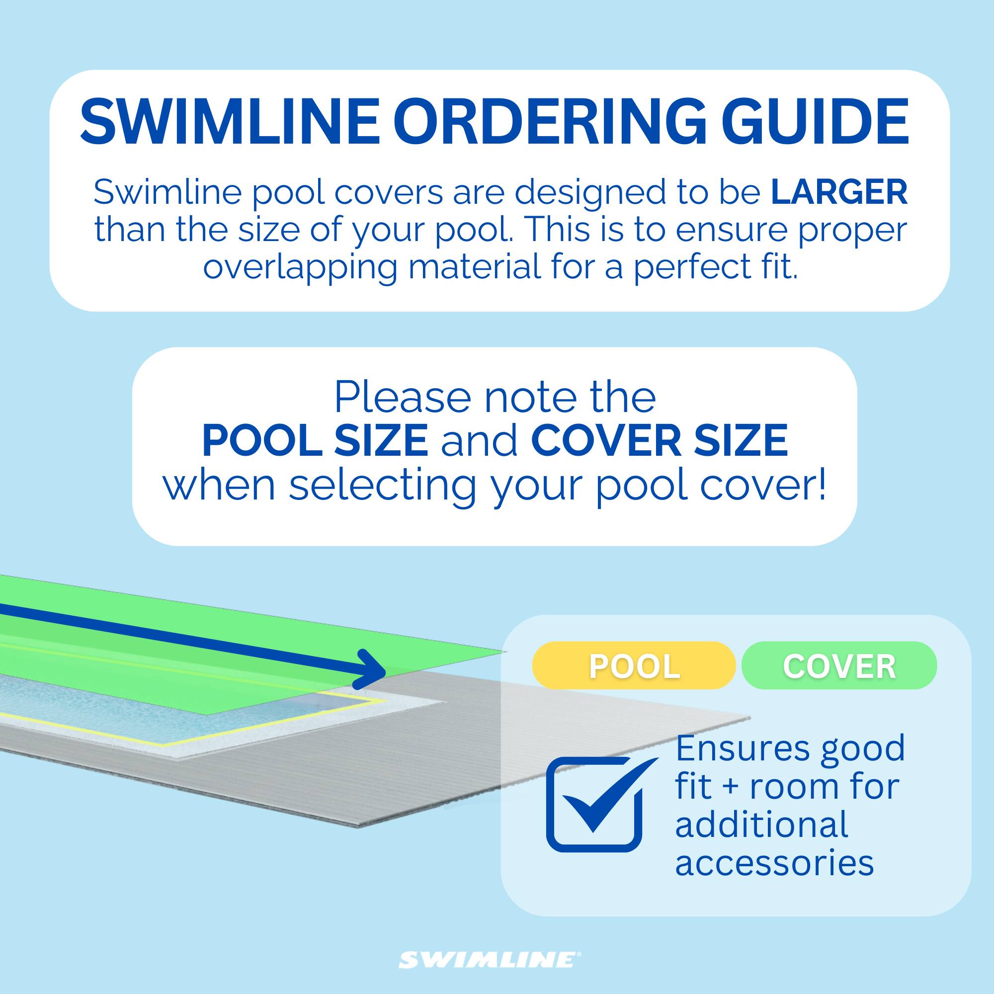 SWIMLINE ORDERING GUIDE

Swimline pool covers are designed to be LARGER than the size of your pool. This is to ensure proper overlapping material for a perfect fit.

Please note the POOL SIZE and COVER SIZE when selecting your pool cover!

POOL COVER
Ensures good fit + room for additional accessories

SWIMLINE