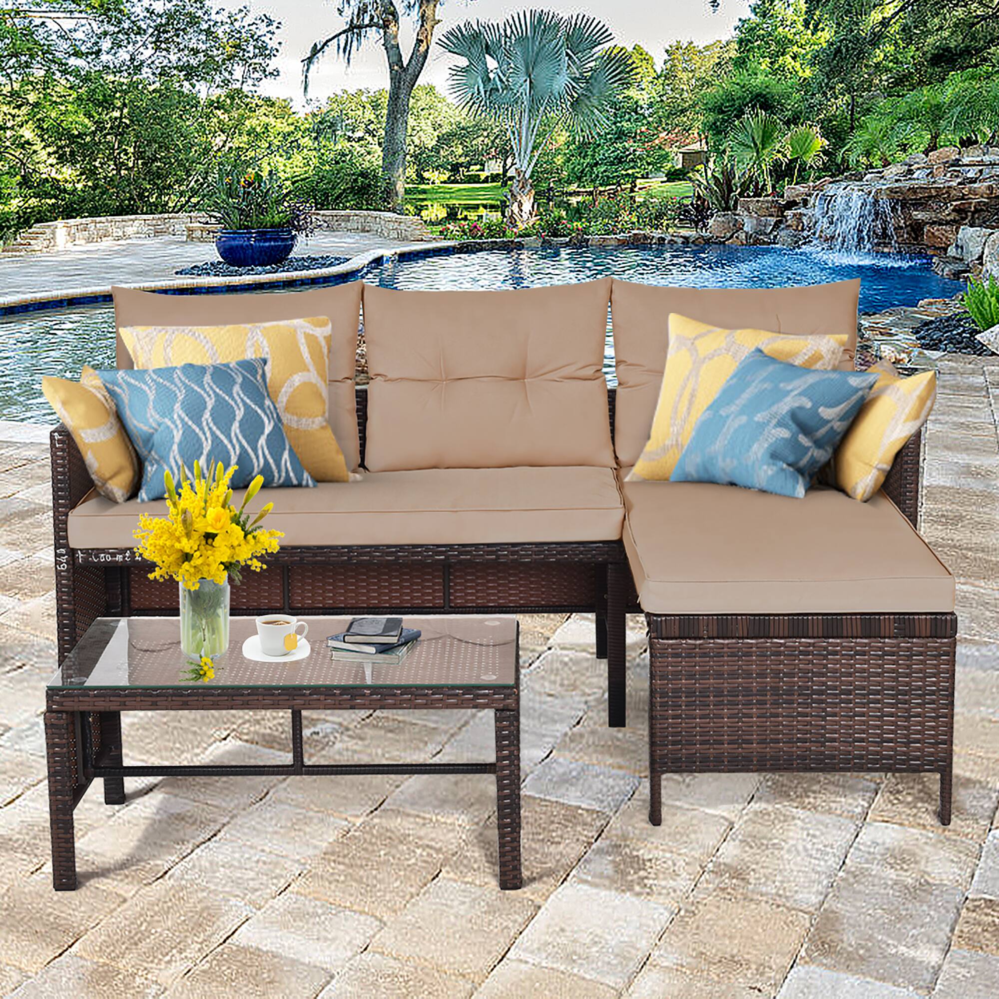 Alt View 3. Costway - Costway 3PC Patio Sofa Set Outdoor Sectional Conversation Set Rattan Wicker - Brown.