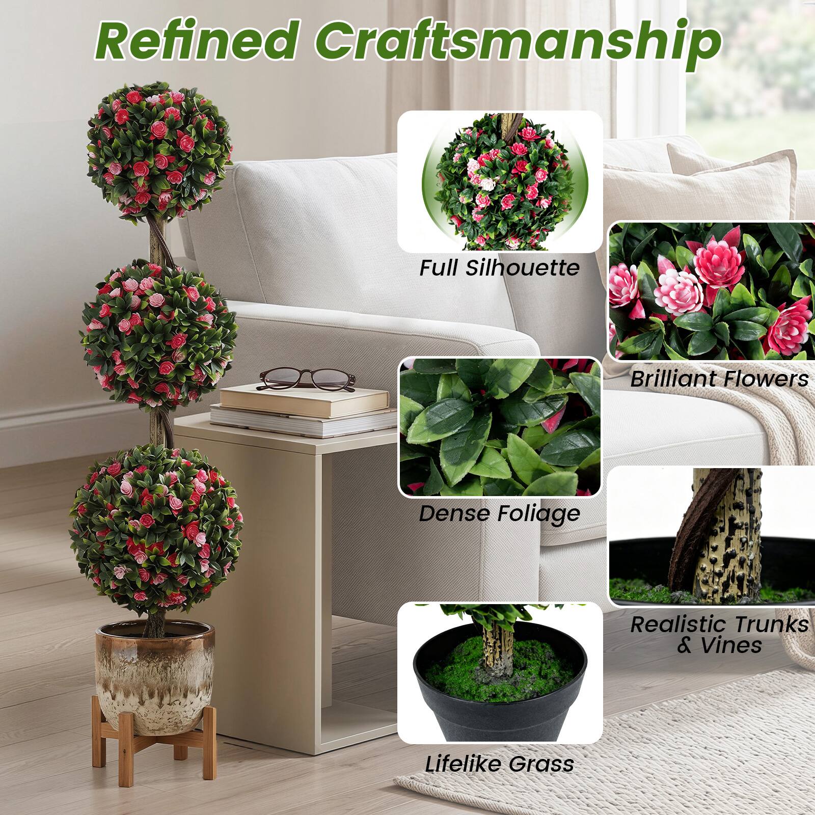 Refined Craftsmanship  
Full Silhouette  
Brilliant Flowers  
Dense Foliage  
Realistic Trunks & Vines  
Lifelike Grass