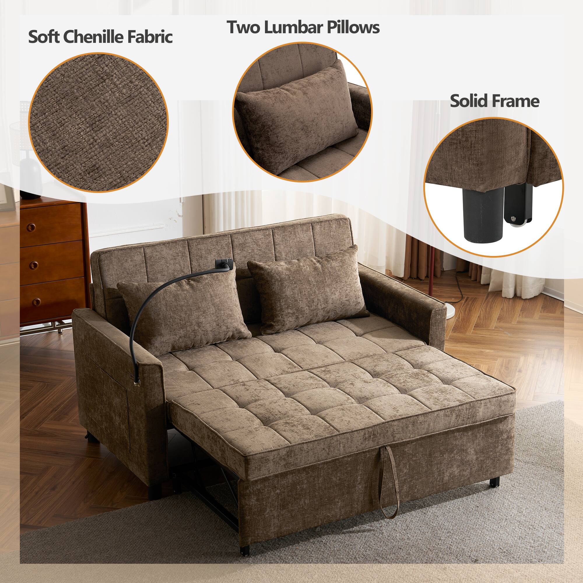 Soft Chenille Fabric  
Two Lumbar Pillows  
Solid Frame