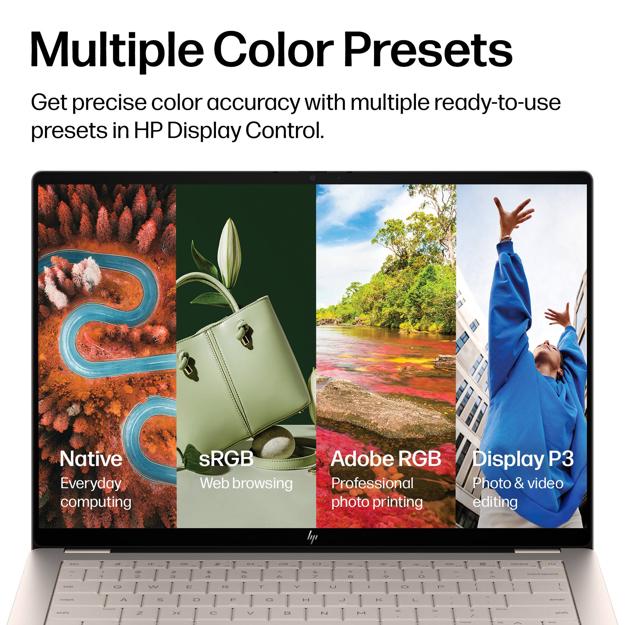 Multiple Color Presets  
Get precise color accuracy with multiple ready-to-use presets in HP Display Control.  

Native  
Everyday computing  

sRGB  
Web browsing  

Adobe RGB  
Professional photo printing  

Display P3  
Photo & video editing