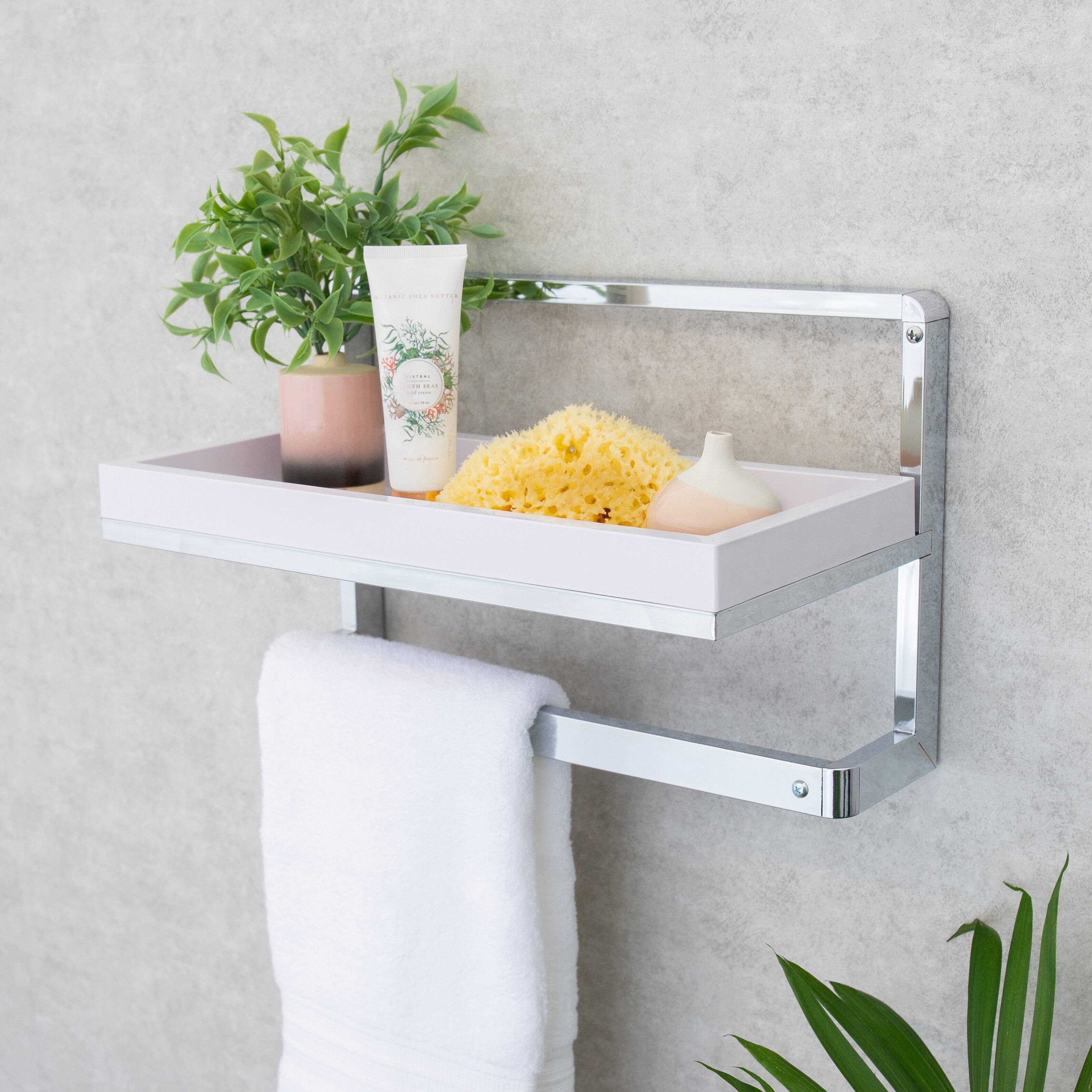 Angle. Danya B - Wall Mounted Chrome Towel Rack and Shelf with Removable White Tray - Silver.