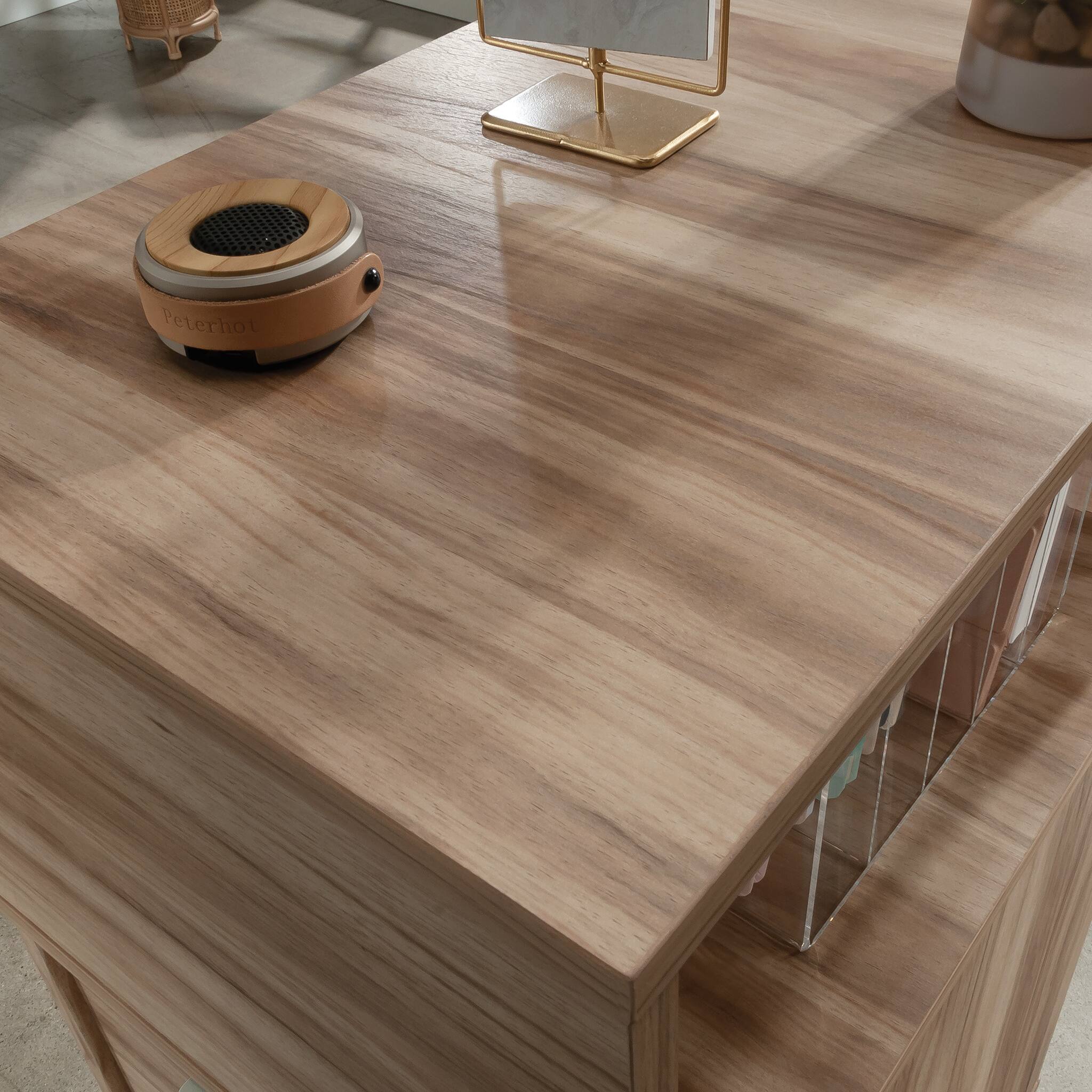 Angle. TinyHomie - File Tower Acacia Wood finish.