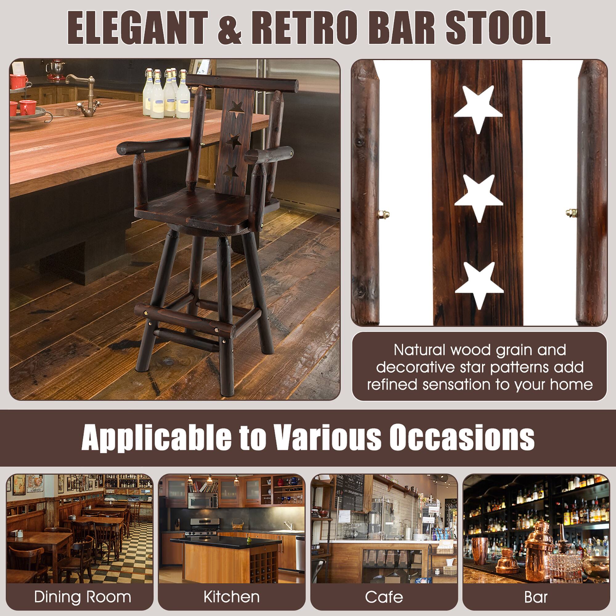 ELEGANT & RETRO BAR STOOL

Natural wood grain and decorative star patterns add refined sensation to your home

Applicable to Various Occasions

Dining Room  
Kitchen  
Cafe  
Bar