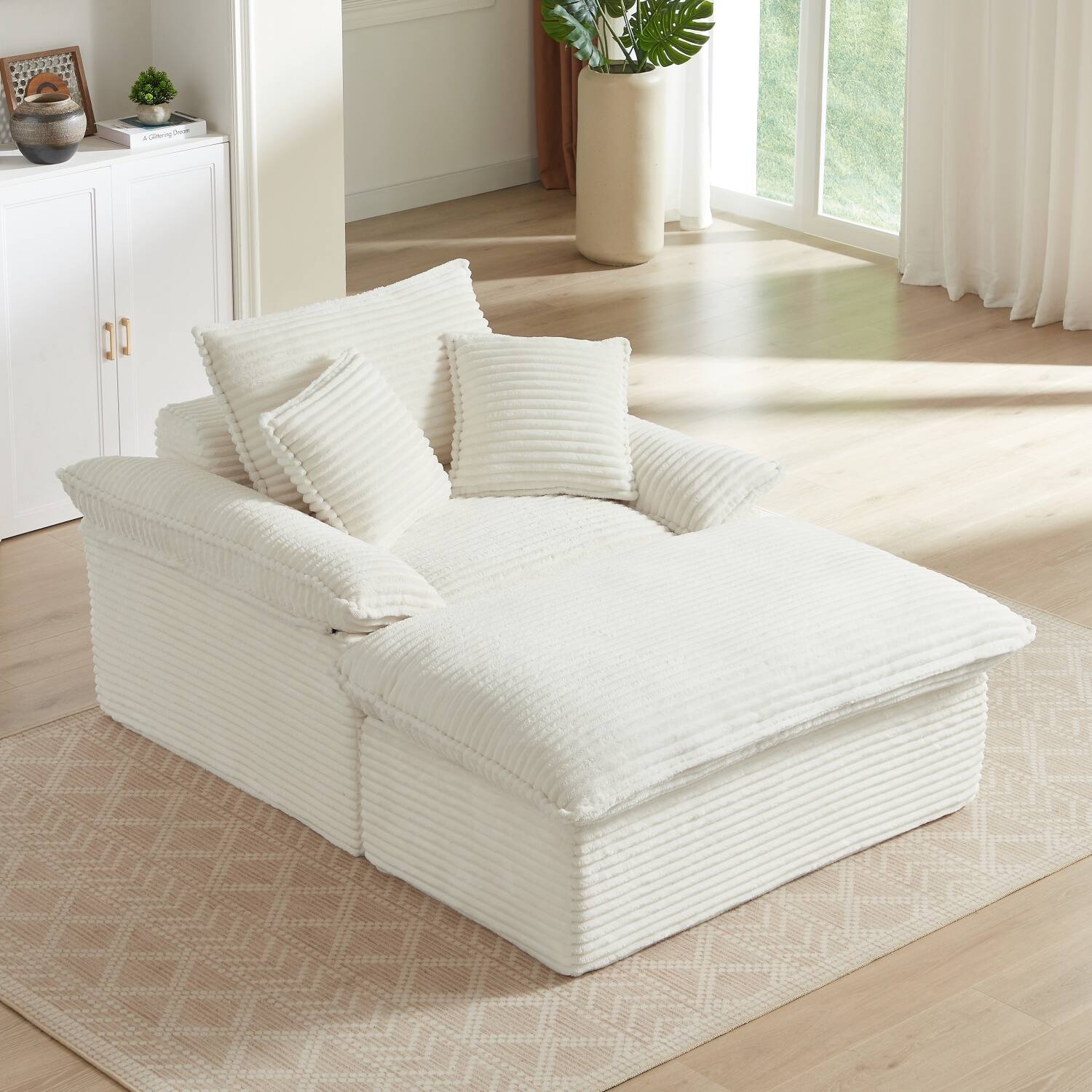 Left. Z-Edge - 52" cushioned compression sofa with unique footrest design, lounge chair for any room or office -White - white.