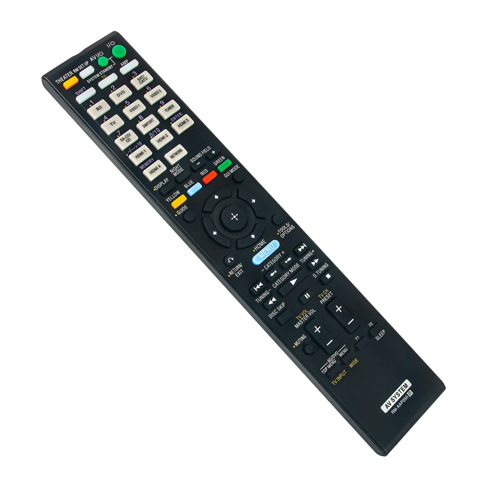 Sure, here is the corrected and grouped text from the image:

---

**Top Section:**
- CAIVA
- RASET UP ANP TM SYSTEM STANDBY
- THEATER SYSTEM

**Middle Section:**
- 2 6 SHIET DVD ZOBDA 5 E 9
- VOEO TOUNER A B ENTER TV DMPORT HOMES
- 7 SA-CBI 0/10 SA
- 1 HOMII >1 + HENE1 NETWORK SOUND FIELD MEMORY
- 4 GREEN HDMIA
- RED MODE
- AY BLUE
- DISPLAY YELLOW
- GUIDE

**Bottom Section:**
- OPTIONS
- HOME MENU
- CATEGORY
- TUNING+
- RETURN
- EXIT
- MODE
- D.TUNING
- CATEGORY
- TUNING-
- TVCN
- PRESET
- SKIP
- VOL
- DISC
- TV
- VOL
- MASTER
- MUTE
- MINU
- WIDE
- TOP
- INPUT
- TV
- F2
- SLEEP
- AVSYSTEM

**Buttons:**
- AV/TV
- 1/0
- 1
