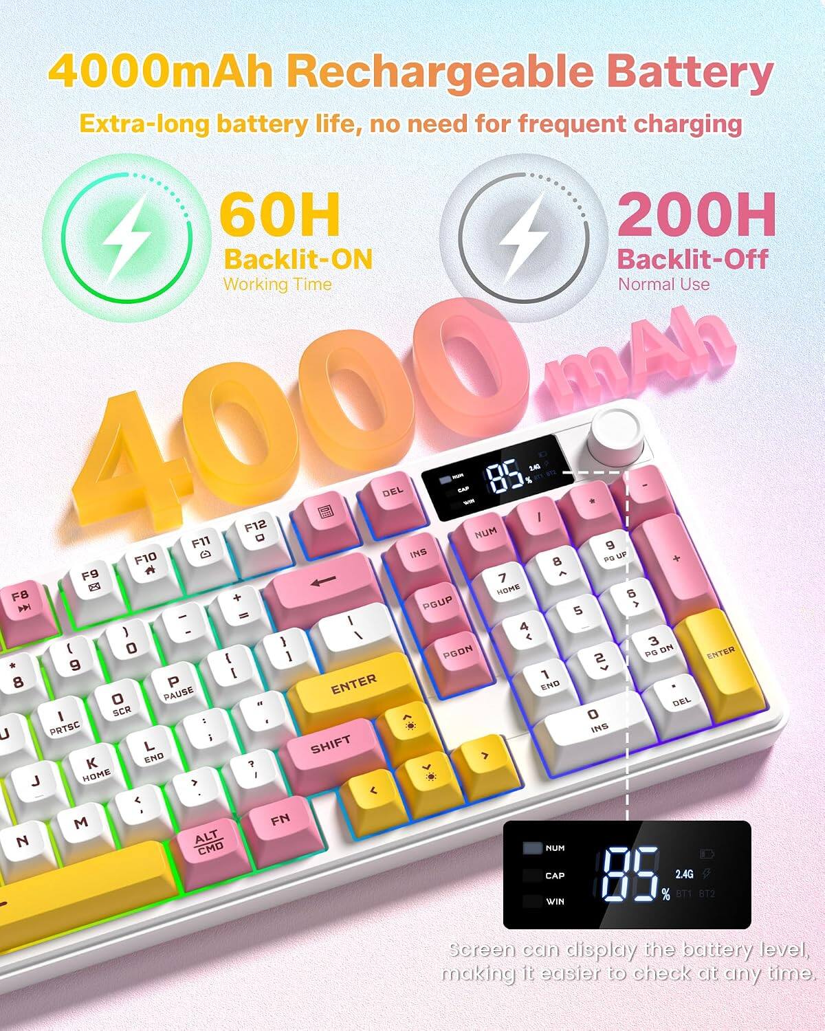4000mAh Rechargeable Battery  
Extra-long battery life, no need for frequent charging  

60H Backlit-ON  
Working Time  

200H Backlit-Off  
Normal Use  

4000 mAh  

Screen can display the battery level, making it easier to check at any time.