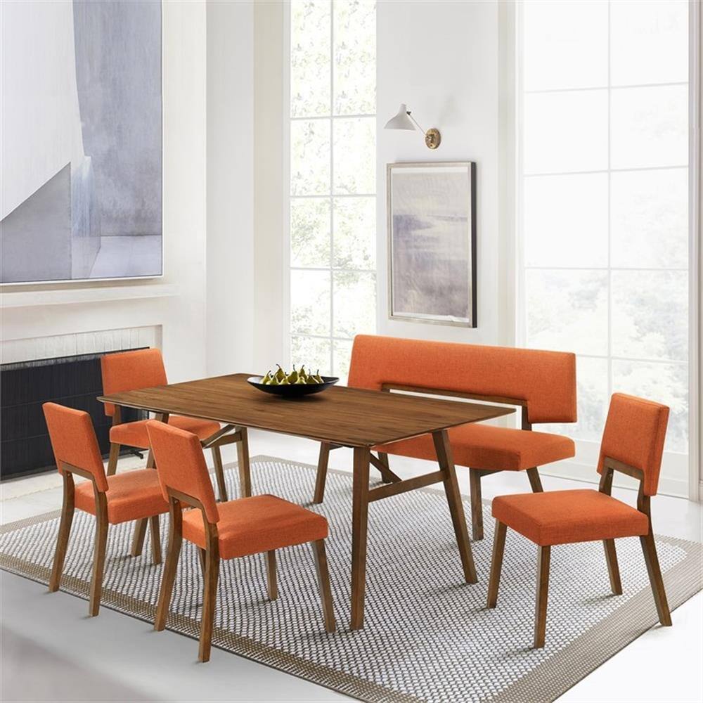 Alt View 1. Armen Living - Channell Wood Dining Bench in Walnut Finish with Orange Fabric - Orange.