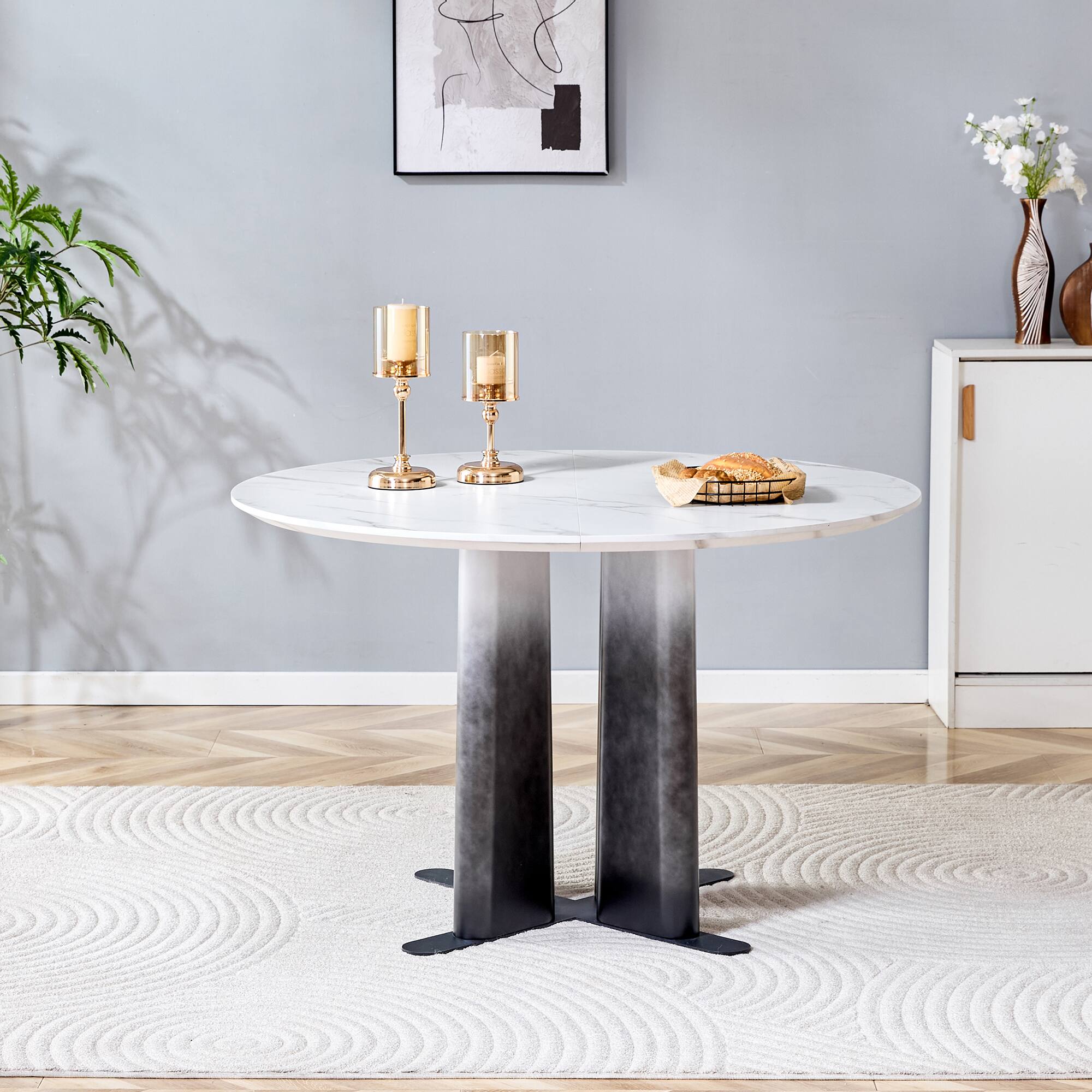 Alt View 5. Loheer - Loheer- 3.94ft Round Faux Marble Dining Table Modern Compact Kitchen Table with Cross Base for Small Spaces - White.
