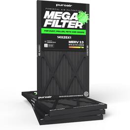 PuroAir - 14x25x1 HVAC Mega Filter MERV 13 Pleated Plus Activated Carbon Air Filter (4-Pack) - Black