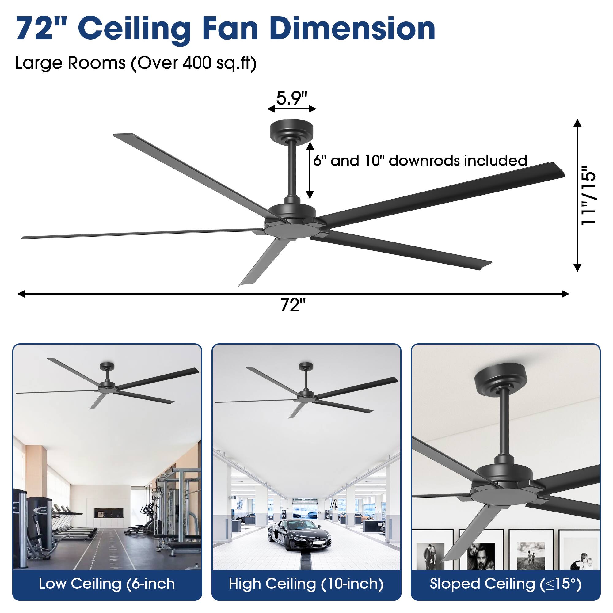 72" Ceiling Fan Dimension  
Large Rooms (Over 400 sq.ft)  
5.9" 6" and 10" downrods included  
11"/15"  
72"  
Low Ceiling (6-inch)  
High Ceiling (10-inch)  
Sloped Ceiling (<15")
