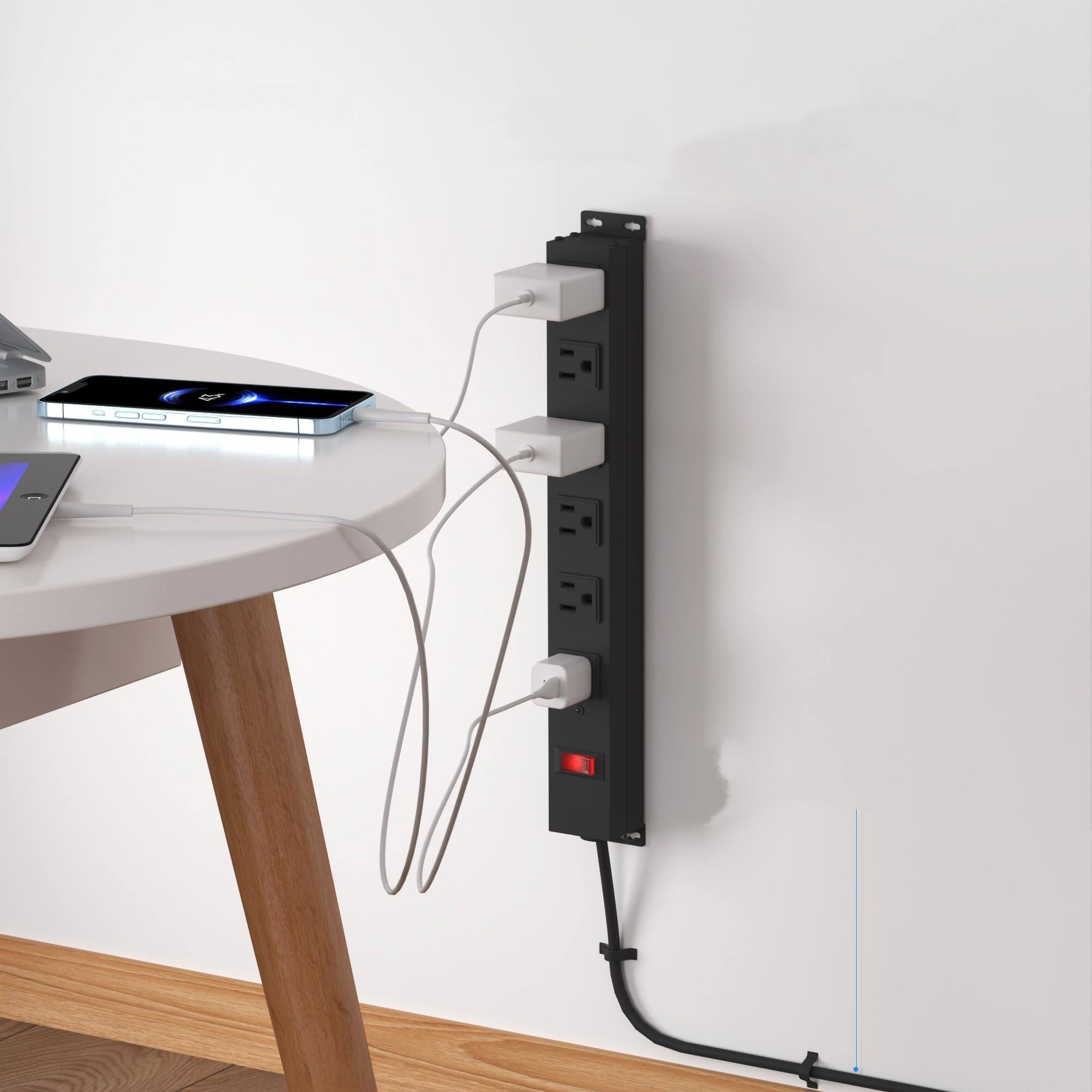 Alt View 1. Dazzed Corner - 6 Outlet Power Strip,10FT Power Cord,Wall Mount Metal Industrial Power Strip - Black.